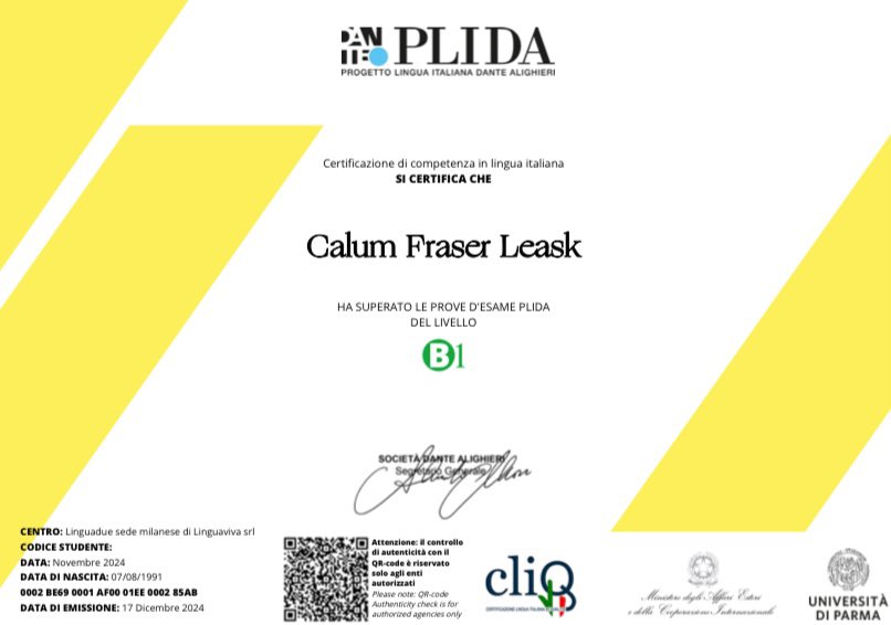 A couple of years ago, I set the goal of getting Italian citizenship. The biggest hurdle to this was passing 4 separate exams - speaking, listening, writing &amp; reading - all in Italian. 
Today I received my PLIDA B1 certification. 
Dual citizenship incoming! 🏴󠁧󠁢󠁳󠁣󠁴󠁿 🇮🇹