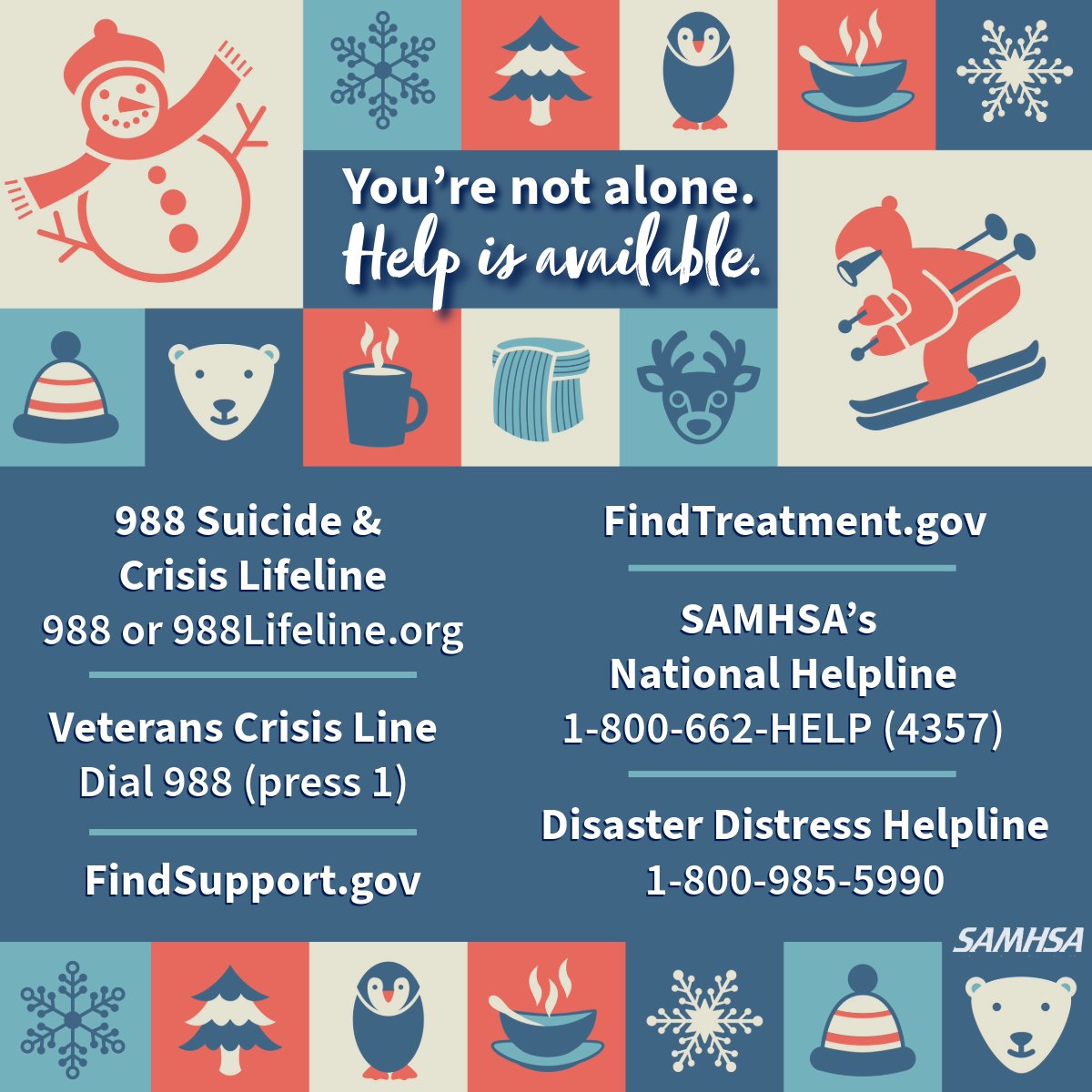 If you're not feeling festive this season, that's okay ☃️ Help is always available if you or someone you know is struggling with #MentalHealth or substance use.

❄️ Help yourself and share to help others: samhsa.gov/find-help