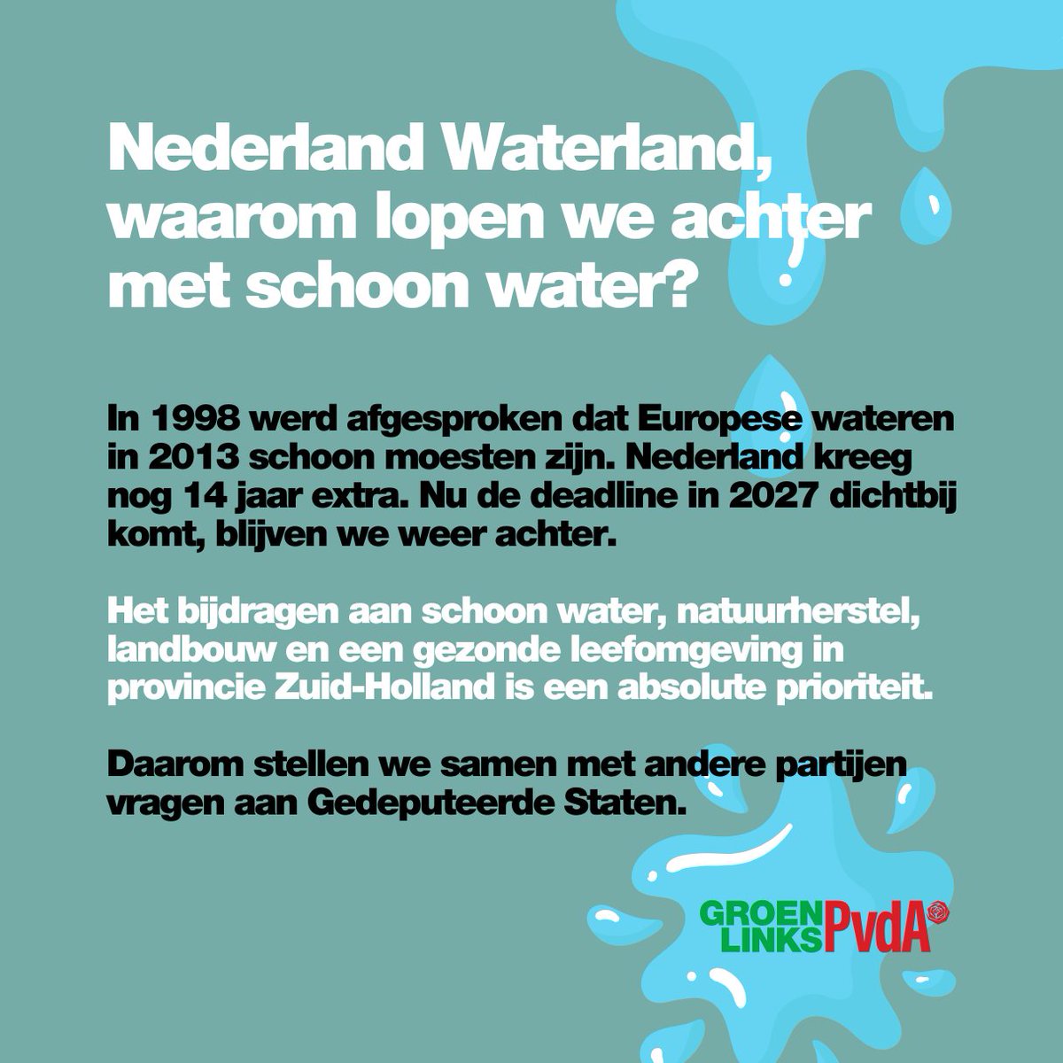 Waarom lopen we achter met schoon water? Het bijdragen aan natuurherstel, toekomstbestendige landbouw en een gezonde leefomgeving in provincie Zuid-Holland is een absolute prioriteit. Daarom stellen we samen met andere partijen vragen: zuidholland.pvda.nl/nieuws/nederla…
#KRW #water