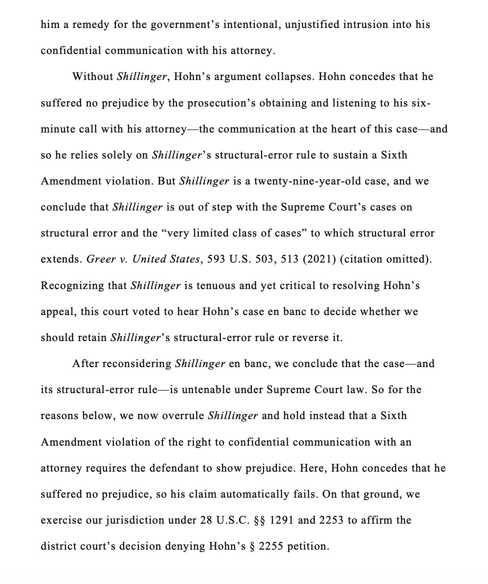 En banc 10th Circuit: When govt listened in on defense counsel calls in violation of the 6th Amendment right to counsel, a showing of prejudice is required, overturning prior panel precedent saying such violations are structural error.
ca10.uscourts.gov/sites/ca10/fil… #N