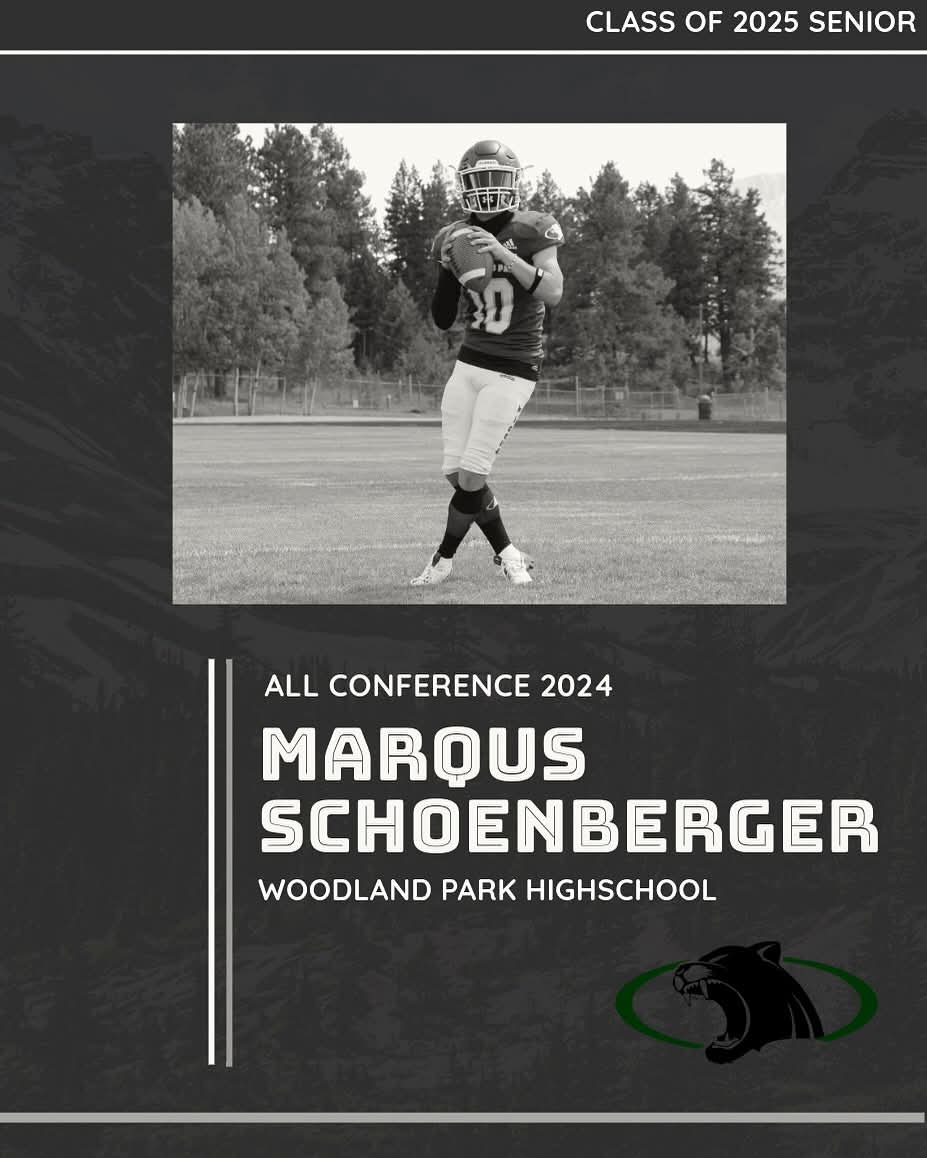 WPHSPantherFB's tweet photo. Special congratulations to our QB. @MarqusSchoenbe2 is getting recognized as an All Conference Player &amp; All State. Voted as the Leagues MVP QB.

📸: Lily Hood 

#pantherpride #pantherfootball #pantherstrong #chsaa  #woodlandparkpanthers  #pantherball24 https://t.co/soTYwdoYm4