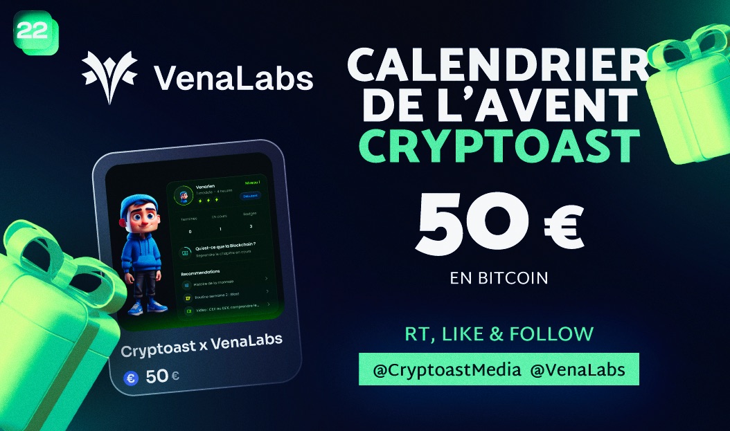 CryptoastMedia's tweet image. 🎁 Calendrier de l'avent Cryptoast 🎁

Jour 22 :

- 50€ en Bitcoin

Pour participer :

- Follow @VenaLabs  &amp;amp; @CryptoastMedia 
- Like &amp;amp; RT ce post 💞

TAS : 23 décembre 🎅
Bonne chance à tous 🍀