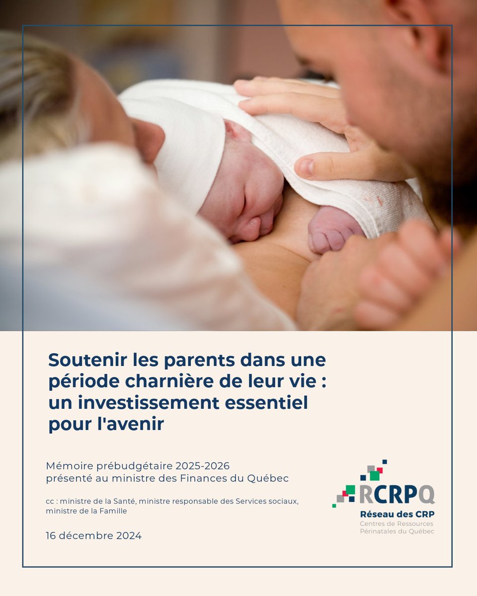 RCRPQ's tweet photo. 📢 Cette semaine, le RCRPQ a déposé un mémoire dans le cadre des consultations prébudgétaires 2025-2026.

La période périnatale est une fenêtre d’opportunité unique : en agissant tôt, on peut prévenir de nombreuses difficultés et réduire la pression sur les services publics. https://t.co/4YlYvZsAt5