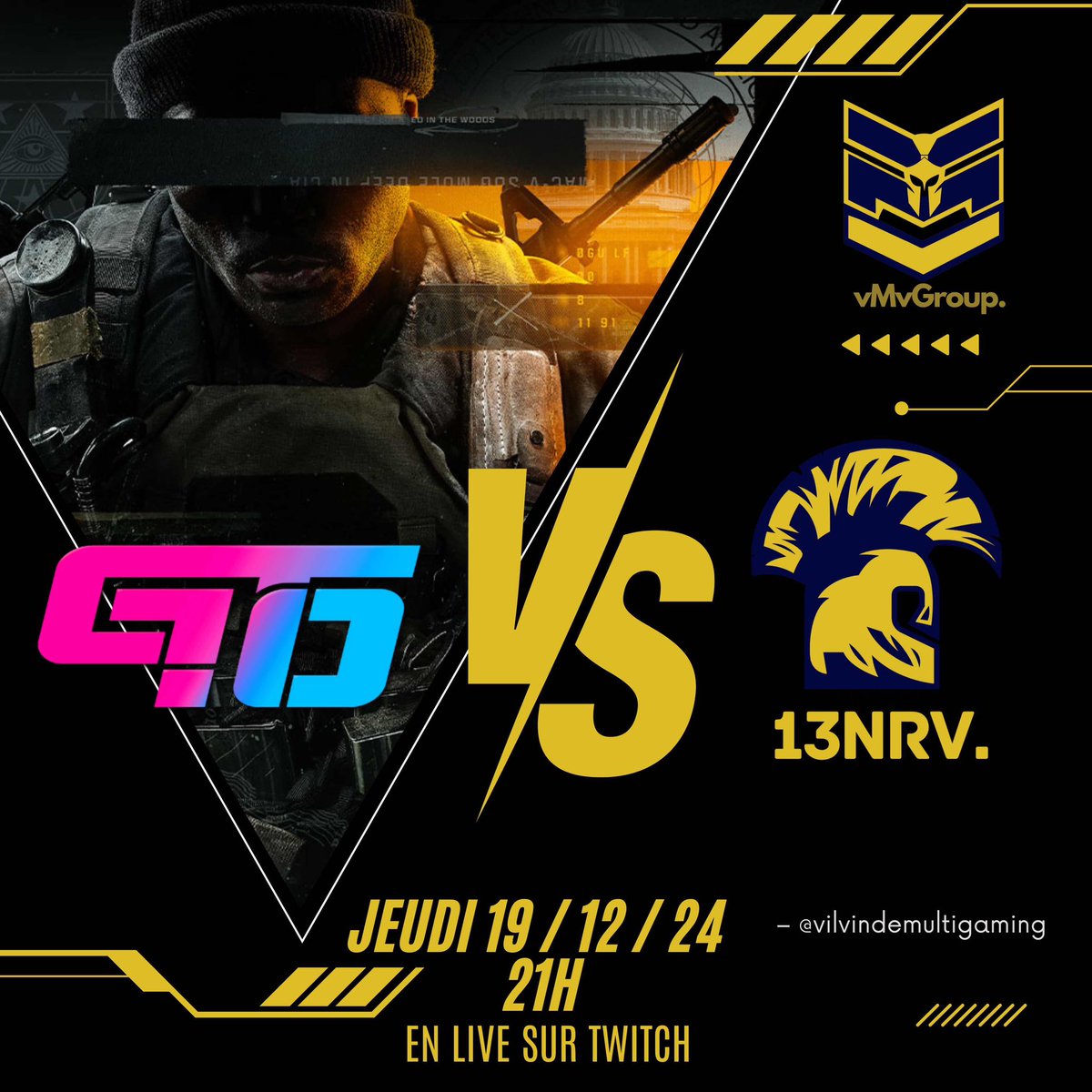 🔥 Match amical avant le Championnat BO6 vMvGroup ! 🔥

🎮 Affrontement : GT10 🆚 13NRV
📅 Jeudi 19/12/24
⏰ 21H
📺 Retransmis en direct sur la chaîne Twitch de FIRMANNOVF !