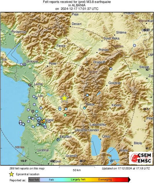 LastQuake's tweet photo. #Earthquake 15 km E of #Burrel (#Albania) 17 min ago (local time 18:01:37). Updated map - Colored dots represent local shaking &amp; damage level reported by eyewitnesses. Share your experience via:
📱https://t.co/QMSpuj6Z2H
🌐https://t.co/vBWI341ZvN https://t.co/p5BjKvCfLv