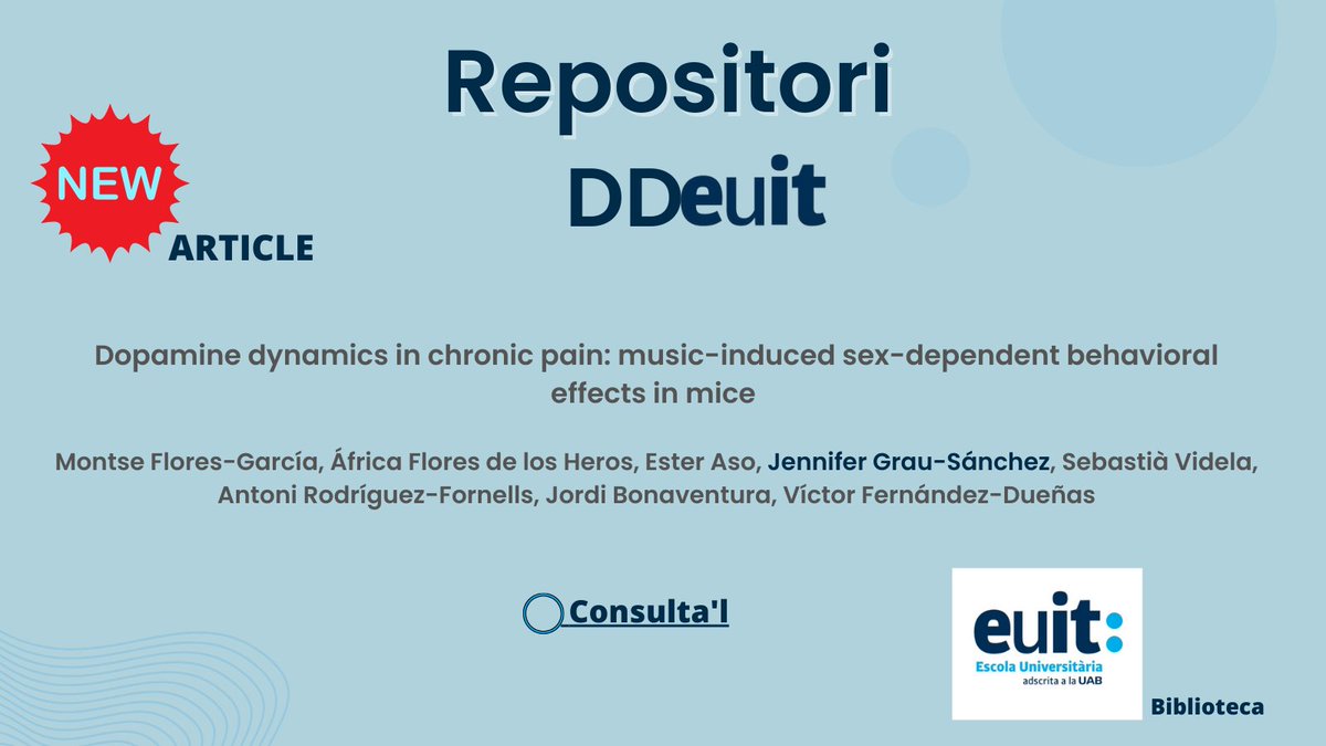 🆕ARTICLE Dopamine dynamics in chronic pain: music-induced sex-dependent behavioral effects in mice amb la participació de la Dra. Jennifer Grau-Sánchez <a href="/GrauSanchezJ/">Jennifer Grau</a> del grup de recerca <a href="/OCCARE_euit/">OCCARE</a> #MusicTherapy

📗Disponible al repositori #DDEUIT 📎euit.koha.es/cgi-bin/koha/o…