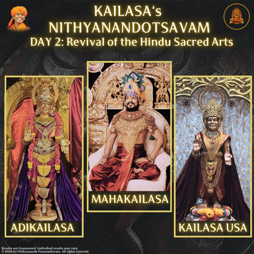 SriNithyananda's tweet photo. Day 2 of Nithyanandotsavam: Celebrating the Revivor of Hindu Sacred Arts

On the second day, KAILASA’s Temples celebrated the second day of Nithyanandotsavam! Today, the Rudrakanyas and artisans of KAILASA worship THE SPH BHAGAVAN SRI NITHYANANDA PARAMASHIVAM as the ultimate reviver of sacred Hindu arts!

As a master sculptor, He has created thousands of breathtaking deities using ancient techniques like Panchaloha, an intricate art form that combines five metals, including gold. THE SPH was celebrated  for His excellence and expertise in crafting jewelry and other ancient metal crafts, which reflect the grandeur and richness of Sanatana Hindu Dharma.He is the reviver of the sacred Rudrakanya Sampradaya who are the keepers of our sacred arts and temple traditions.

THE SPH is worshiped as the ultimate manifestation of Sada Nritta Murthy, the eternal Lord of Dance, Nataraja. As we celebrated, we remembered the sacred traditions of the Ancient KAILASA of the Kamala Peetha Kingdom a realm of the KAILASA Paramparagatha Surya Vamsa Adi Chola Samrajya.

#Nithyanandotsavam #Kailasa #HinduSacredArts #RudrakanyaSampradaya #Panchaloha #SanatanaHinduDharma #Nataraja #SadaNrittaMurthy