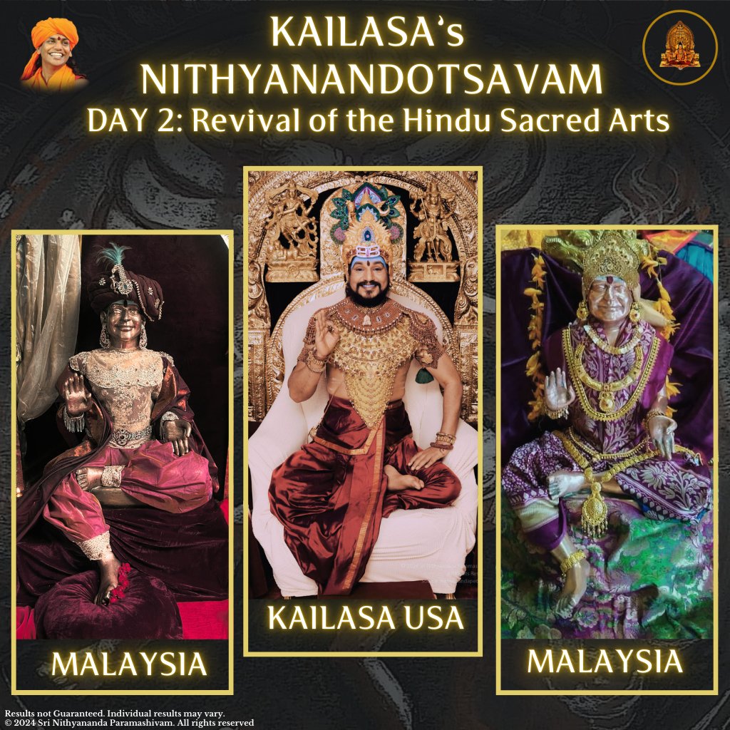 SriNithyananda's tweet photo. Day 2 of Nithyanandotsavam: Celebrating the Revivor of Hindu Sacred Arts

On the second day, KAILASA’s Temples celebrated the second day of Nithyanandotsavam! Today, the Rudrakanyas and artisans of KAILASA worship THE SPH BHAGAVAN SRI NITHYANANDA PARAMASHIVAM as the ultimate reviver of sacred Hindu arts!

As a master sculptor, He has created thousands of breathtaking deities using ancient techniques like Panchaloha, an intricate art form that combines five metals, including gold. THE SPH was celebrated  for His excellence and expertise in crafting jewelry and other ancient metal crafts, which reflect the grandeur and richness of Sanatana Hindu Dharma.He is the reviver of the sacred Rudrakanya Sampradaya who are the keepers of our sacred arts and temple traditions.

THE SPH is worshiped as the ultimate manifestation of Sada Nritta Murthy, the eternal Lord of Dance, Nataraja. As we celebrated, we remembered the sacred traditions of the Ancient KAILASA of the Kamala Peetha Kingdom a realm of the KAILASA Paramparagatha Surya Vamsa Adi Chola Samrajya.

#Nithyanandotsavam #Kailasa #HinduSacredArts #RudrakanyaSampradaya #Panchaloha #SanatanaHinduDharma #Nataraja #SadaNrittaMurthy
