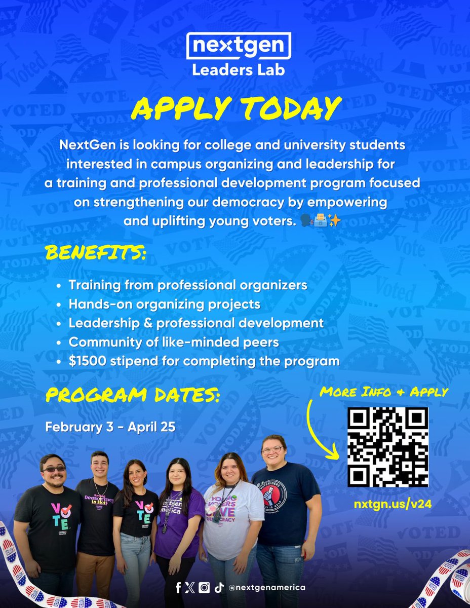 My former stomping ground <a href="/NextGenAmerica/">NextGen America 🗳</a> is looking for college students in AZ, NC, MI, PA &amp; VA to apply to the Leaders Lab! ✨ 

Apply by 1/17 here: nxtgn.us/v24