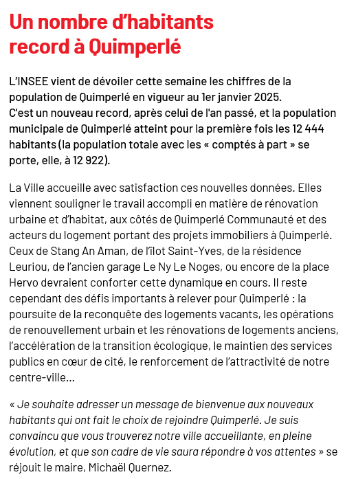 ✍️CP - Nombre d'habitants 𝗿𝗲𝗰𝗼𝗿𝗱 à Quimperlé
L’INSEE vient de dévoiler chiffres de la population  au 1er janvier 2025. C'est un nouveau record, après celui de l'an passé, et la population municipale de #Quimperlé atteint pour la 1ère fois les 𝟭𝟮 𝟰𝟰𝟰 𝗵𝗮𝗯𝗶𝘁𝗮𝗻𝘁𝘀.