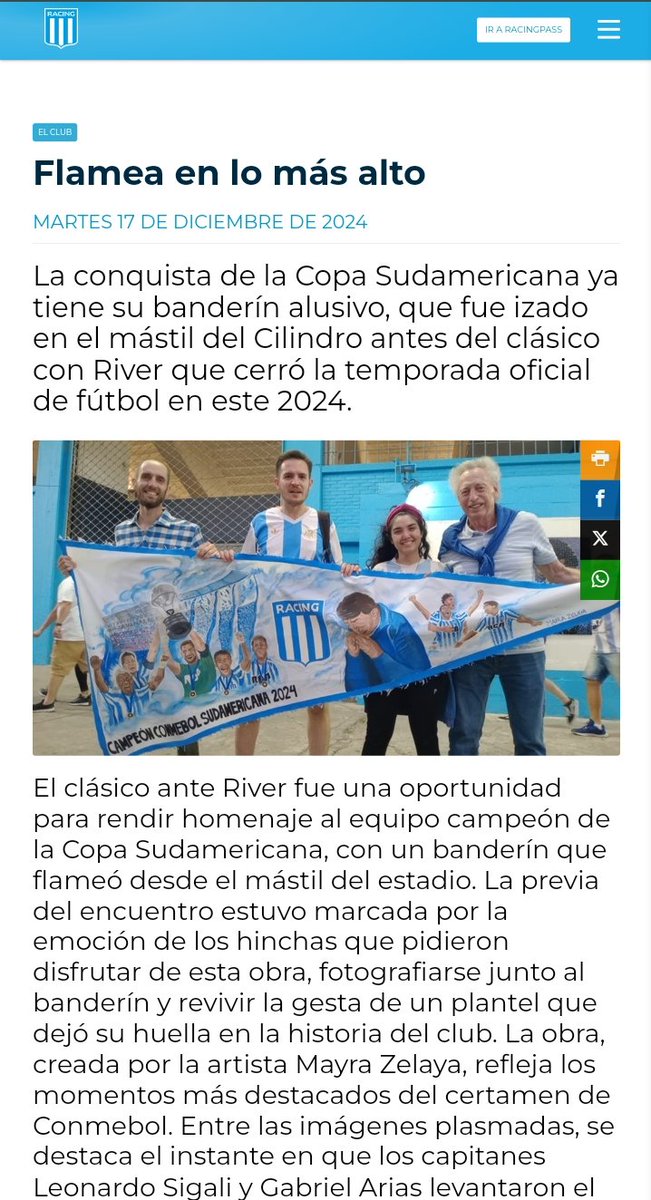 SOMOS DISTINTOS y en Racing los campeonatos se festejan así...

🏆 Flamearon los dueños de la Sudamericana 2024 del mástil del estadio.
📝racingclub.com.ar/club/nota/2024…

💙Gracias campeones!!!💙

🎨Gran obra de la artista Mayra Zelaya👏👏👏