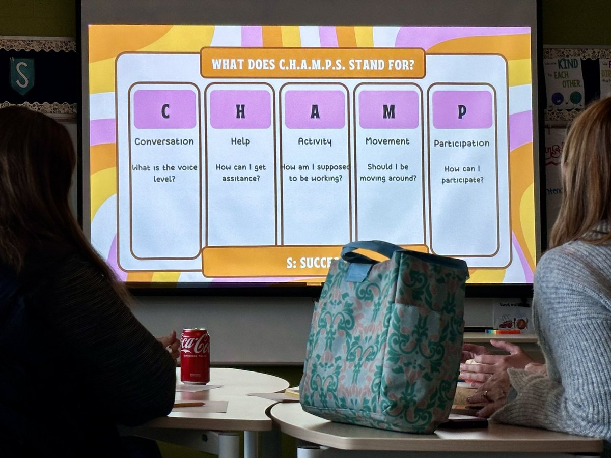 PrincipalMcGinn's tweet photo. We have a student engagement FAST Goal. VanWyk & Honeysett delivered lunch-n-learn pd on C.H.A.M.P.S. It’s a full house in here! #AdultLearning #ParksidePach #PachPride #LookingForLearning #RamPride https://t.co/RYTklU0Jv7