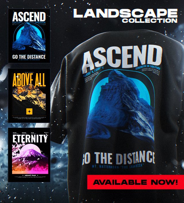 teamresorg's tweet photo. Make your mark on the world with our new Landscape Collection.
Featuring some of the world’s most powerful landscapes, it empowers you to overcome any challenge.
Only available at our new and improved storefront, https://t.co/Dr3BCpFYL2
#KeepClimbing | #LandscapeCollection https://t.co/CbSsCgAAMx