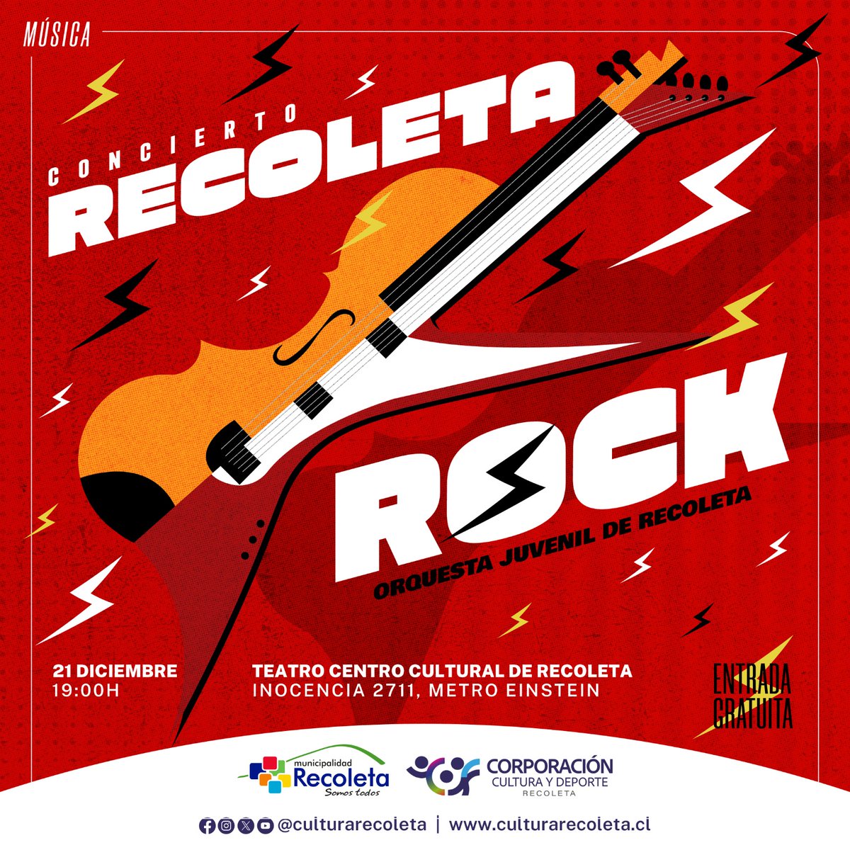 Cultura Recoleta (@culturarecoleta) on Twitter photo Concierto RECOLETA ROCK de la @orquesta_recoleta ¡Un imperdible de fin de año!
Sábado 21 de diciembre.
19:00 horas.
Con la energía propia y la actitud del rock, el concierto integrará guitarras eléctricas, bajos, baterías y efectos especiales. <a href="/Muni_Recoleta/">Municipalidad de Recoleta</a> Concierto RECOLETA ROCK de la @orquesta_recoleta ¡Un imperdible de fin de año!
Sábado 21 de diciembre.
19:00 horas.
Con la energía propia y la actitud del rock, el concierto integrará guitarras eléctricas, bajos, baterías y efectos especiales. <a href="/Muni_Recoleta/">Municipalidad de Recoleta</a>