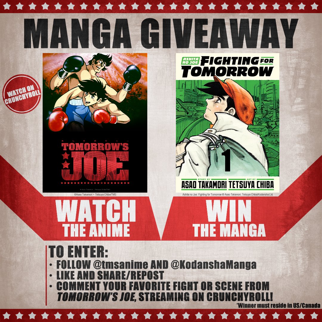 tmsanime's tweet image. To celebrate the release of Tomorrow’s Joe on Crunchyroll and the upcoming manga Ashita no Joe: Fighting for Tomorrow Vol. 1, we're teaming up with @KodanshaManga to give away one copy of the manga to a lucky fan!
To enter:
🥊Follow @tmsanime and @KodanshaManga
🥊Like &amp;amp; Retweet…