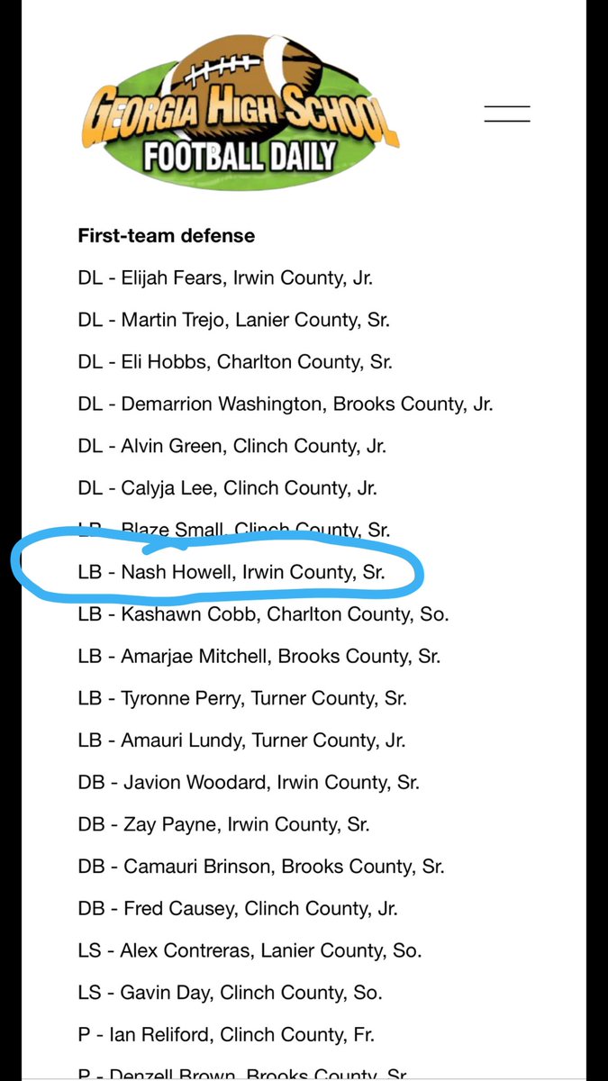 First Team All Region LB‼️
<a href="/athleticsICHS1/">ICHS Athletics</a> <a href="/CoachFaulk_IC/">Perry Faulk</a> 
<a href="/IrwinCoFootball/">Irwin Co. Football</a> <a href="/On3Recruits/">Follow @Rivals</a> 
<a href="/FB_CoachElliott/">Joel Elliott</a> <a href="/darius_eubanks/">Coach Banks</a> 
<a href="/CoachBWalk15/">Coach B</a> <a href="/GSCoachHelton/">Clay Helton</a> 
<a href="/RecruitGeorgia/">Recruit Georgia</a> <a href="/CoachKNobles/">Kaleb Nobles</a> 
<a href="/ChadSimmons_/">ChadSimmons</a> <a href="/coachzeiders/">Trevor Zeiders</a> 
<a href="/coachLong95/">Jimmy Long</a> 
<a href="/SirmansClayton/">Clayton Sirmans</a>