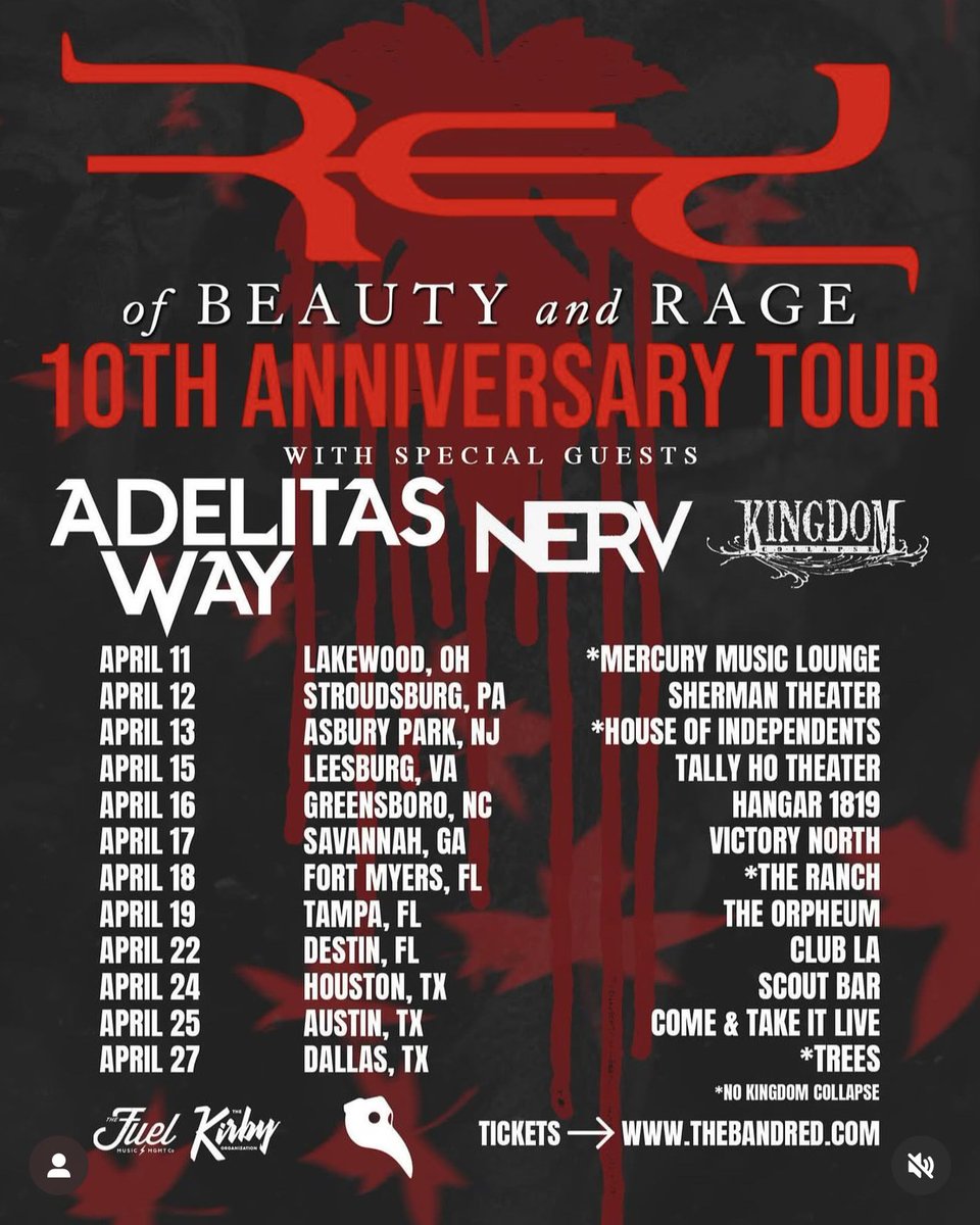 RiffMediaGroup's tweet photo. ‼️TOUR ANNOUNCEMENT‼️
@kingdomcollapse is heading out this April supporting @thebandred @adelitasway and @WeAreNerv!
Tickets on sale this Friday, December 20th.
#kingdomcollapse #thebandred #adelitasway #nerv #ontour #livemusic #rockshow #riffmediagroup https://t.co/kI60D2oinz