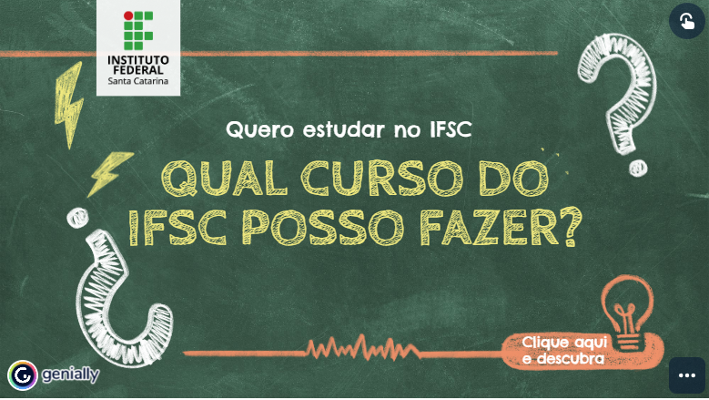 Ano novo, muitos planos... e que tal novos aprendizados?

Aqui no IFSC temos opções de cursos para todo mundo. E o melhor: é tudo de graça!

Se você quer estudar aqui, mas não sabe qual curso pode fazer, faça nosso teste e descubra: ifsc.edu.br/qual-curso-do-…