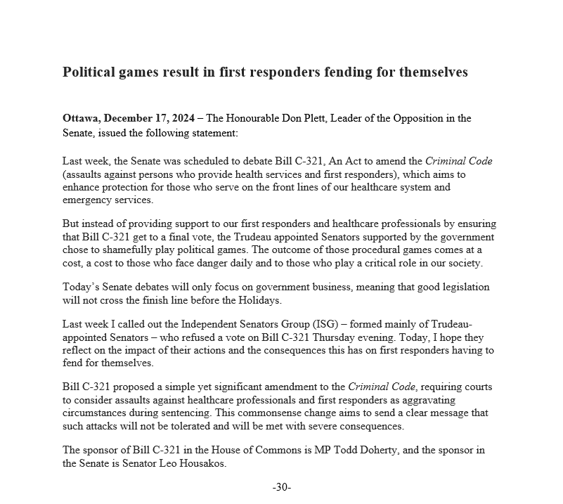 DonPlett's tweet photo. Instead of providing support to our first responders and healthcare professionals by ensuring that Bill #C321 get to a final vote, the Trudeau appointed Senators supported by the govt chose to shamefully play political games. The outcome of those procedural games comes at a cost, a cost to those who face danger daily and to those who play a critical role in our society.

Here is my News Release ⬇️
