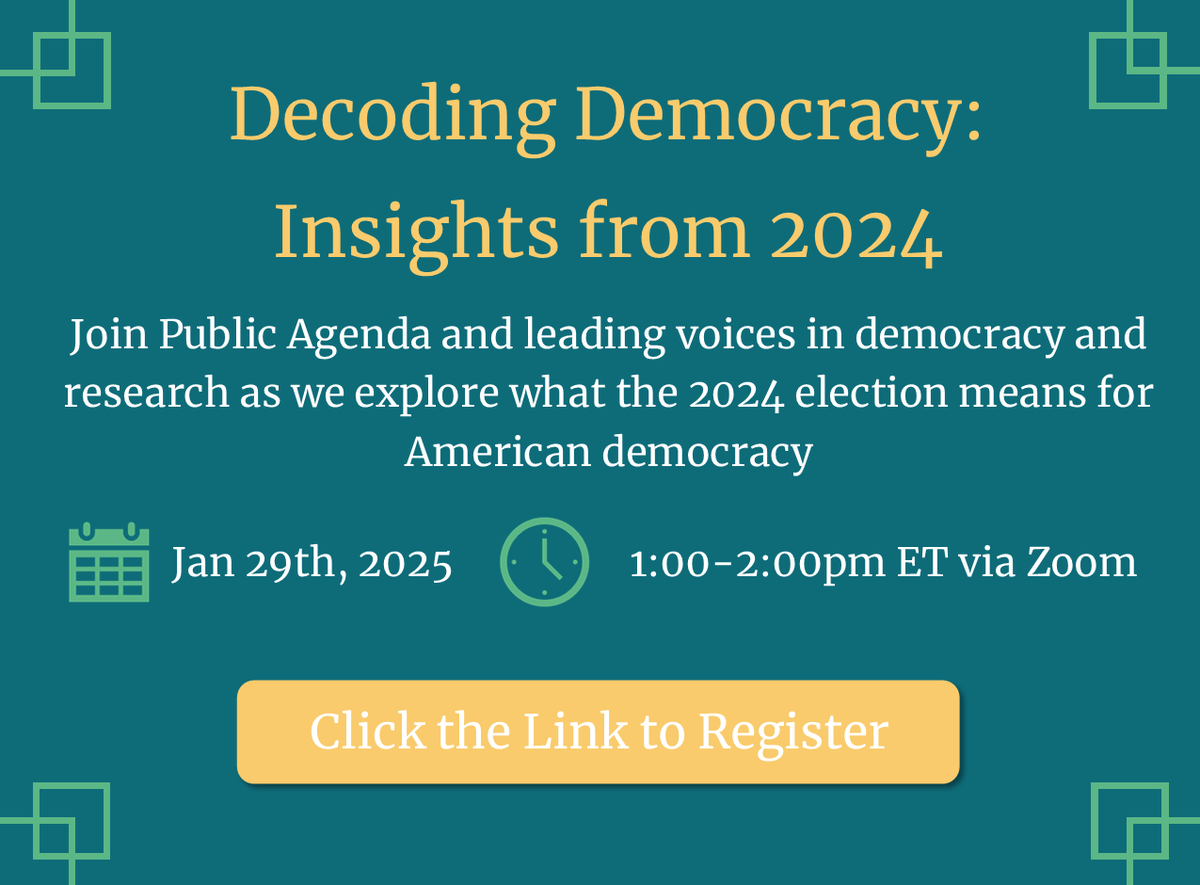 Join <a href="/PublicAgenda/">Public Agenda</a> &amp; a panel of experts on Wednesday, January 29th at 1:00pm ET for a virtual forum decoding what the 2024 election reveals about our #democracy . Guests will have the opportunity to share questions for discussion.

Register free here: us06web.zoom.us/meeting/regist…