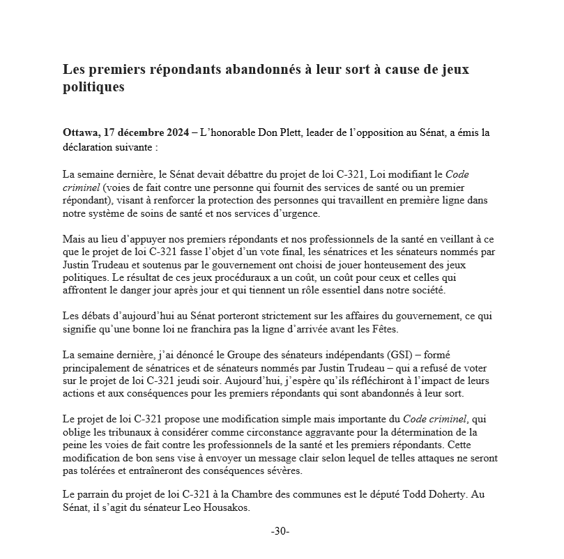 DonPlett's tweet photo. Au lieu d’appuyer nos premiers répondants et nos professionnels de la santé en veillant à ce que le projet de loi #C321 fasse l’objet d’un vote final, les sénatrices et les sénateurs nommés par Justin Trudeau et soutenus par le gouv ont choisi de jouer honteusement des jeux politiques. Le résultat de ces jeux procéduraux a un coût, un coût pour ceux et celles qui affrontent le danger jour après jour et qui tiennent un rôle essentiel dans notre société.

Voici mon communiqué ⬇️