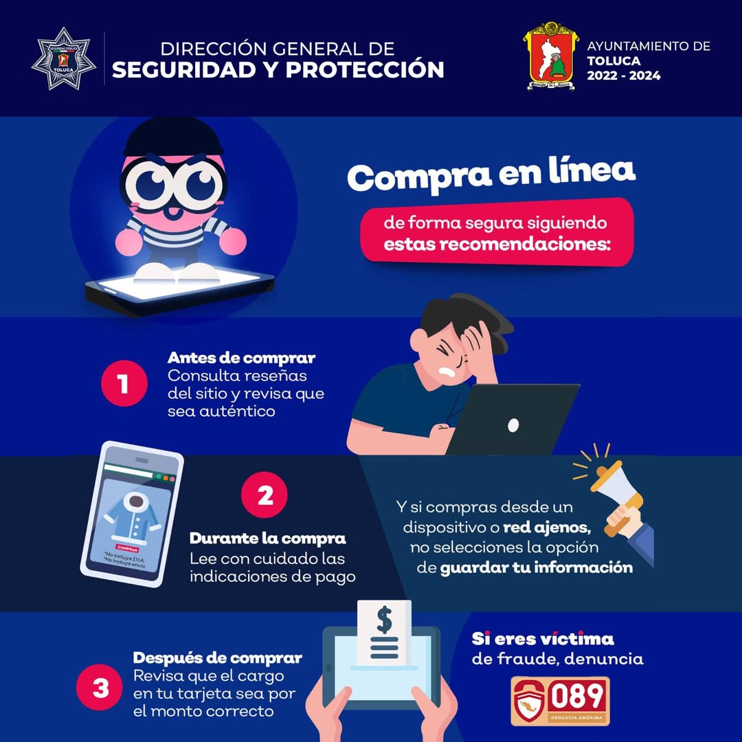 🛒 ¡Compra seguro en internet! 🔐

Antes de realizar una compra en línea, verifica que el sitio sea confiable, usa métodos de pago seguros y nunca compartas tus datos personales en páginas sospechosas.
