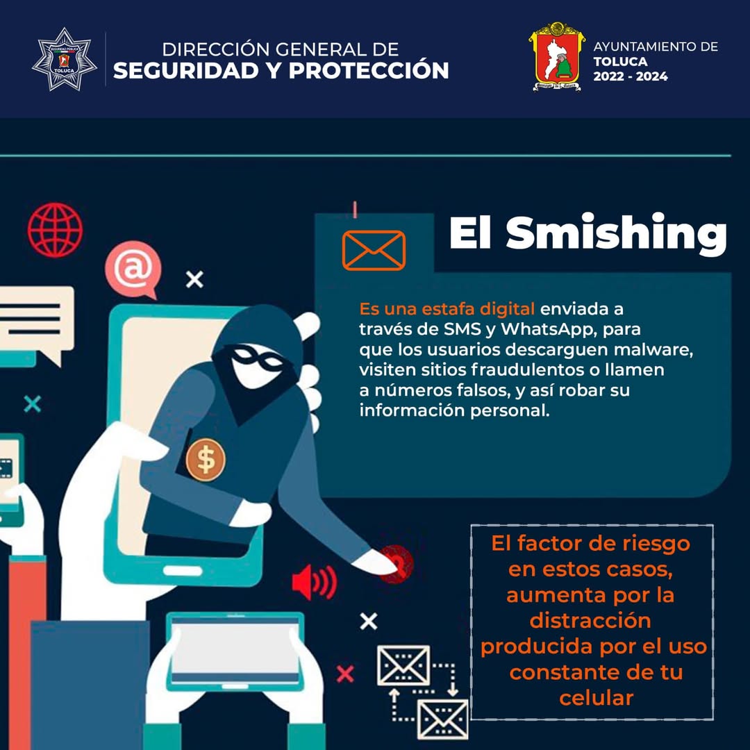 📲 ¡Cuidado con el smishing! 🚨

El smishing es una estafa que llega a través de mensajes de texto falsos, haciéndose pasar por bancos, paqueterías o instituciones. Nunca compartas tus datos personales ni accedas a enlaces sospechosos.