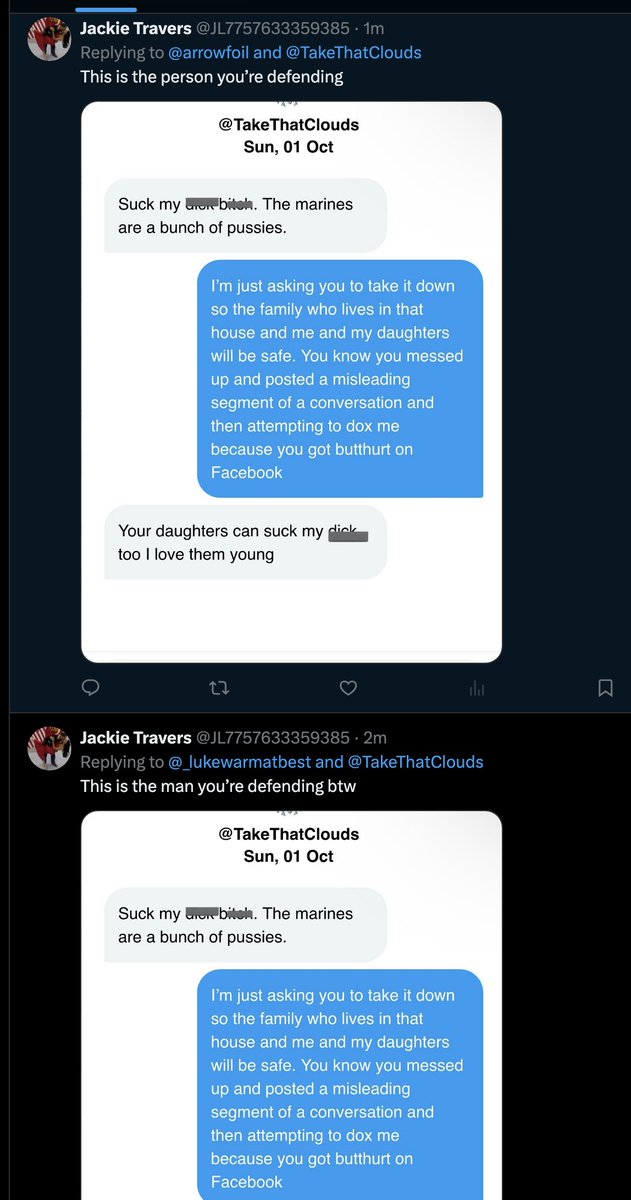 The woman who posted about her husband shining a laser at a plane is now spreading around fake screenshots she claims are from me. 

Slight problem. It's dated "Sun 01 Oct".

1) I didn't post her screenshot until Sat 14 December.

2) 1 October was a Tuesday this year.

Pathetic.