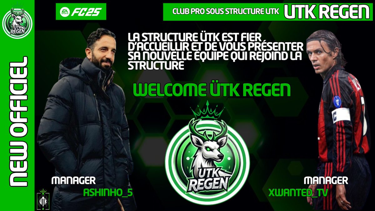 La structure ütk est fier de vous présenter sa nouvelle équipe qui fait son entrée au seins de la structure.
Ütk regen 🟢⚪ @ReGeN_FC  pour rejoindre la familly ütk 🔥 une belle saison à venir ,merci a vous pour votre confiance la team regen 🤝🔥 #clubpro  #fc25 #esport #11vs11