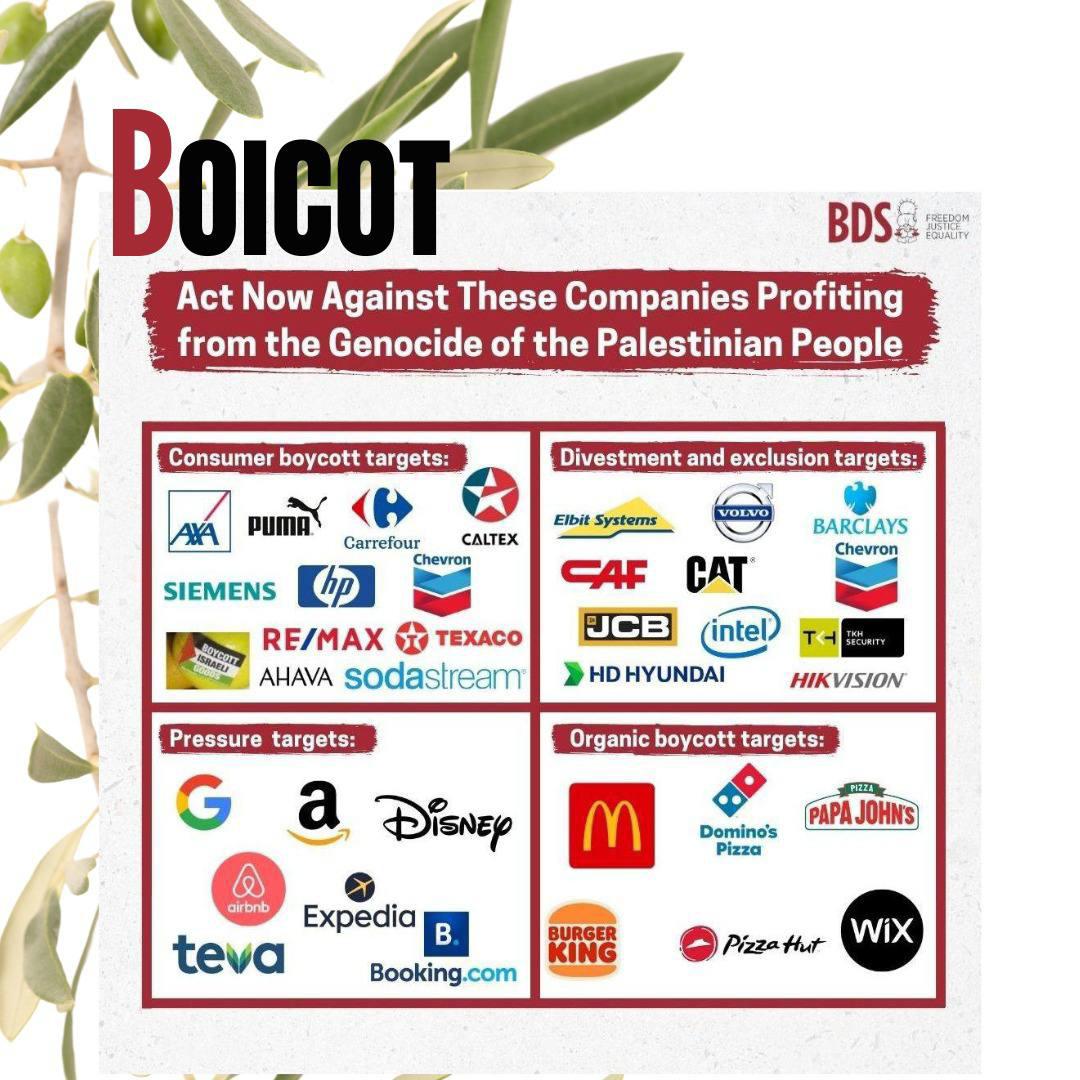 BDSPaisValencia's tweet photo. ✊🏼🇵🇸💸 Fins que Palestina siga lliure d'apartheid, genocidi, ocupació i colonialisme, BOICOT a les empreses còmplices amb el règim israelià! https://t.co/xAtXk46DvT