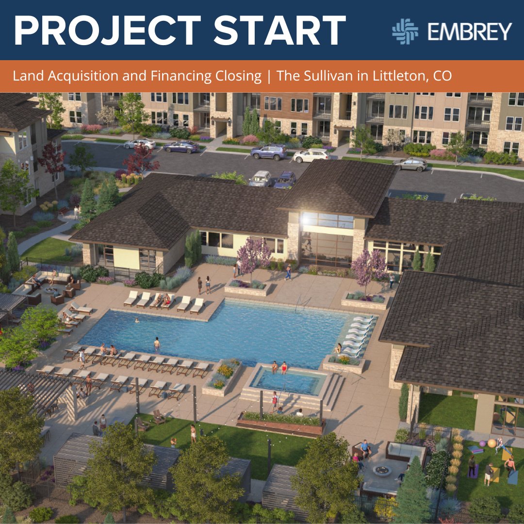 EMBREY has closed on financing for construction of a 370-unit multifamily community in Littleton, CO. Construction begins in Q1 of 2025 with first units available in Q3 2026. Financing provided by <a href="/_texascapital/">Texas Capital</a> and <a href="/AmegyBank/">Amegy Bank</a>.

Read More Here: bit.ly/3Dw3pD1