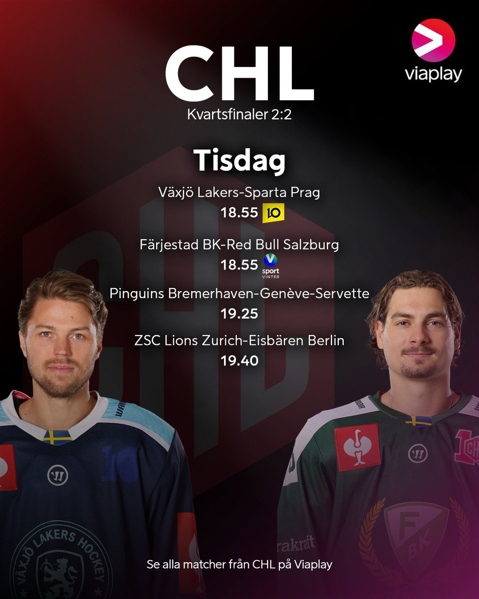 Returmöten, kvartsfinaler i CHL:
🏒 Växjö Lakers-Sparta Prag
(2-1 till Växjö efter första ma.)
🕖 18.55 
🎙️ <a href="/MDahlborn/">Magnus Dahlborn</a> 
📺 Viaplay &amp; TV10

🏒 Färjestad BK-Red Bull Salzburg
(3-1 till Salzburg efter första ma.)
🕖 18.55 
🎙️ <a href="/DahlbergTobias/">Tobias Dahlberg</a> 
📺 Viaplay &amp; V Sport Vinter