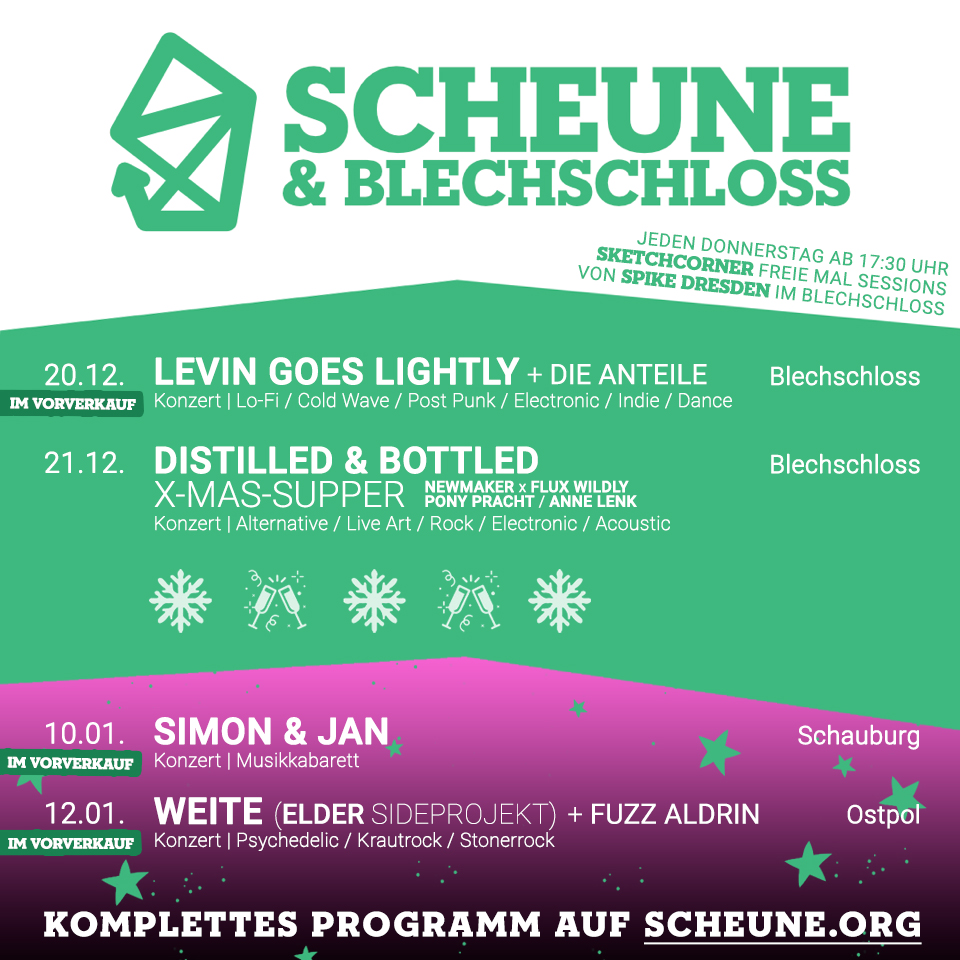 Diese Woche stehen die letzte zwei Veranstaltungen des Jahres an! Beide im heimischen Blechschloss. Kommst du vorbei? Beide Abende werden etwas Besonderes sein. Wir geben auch gleich eine Vorschau auf den Start des nächsten Jahres.... scheune.org