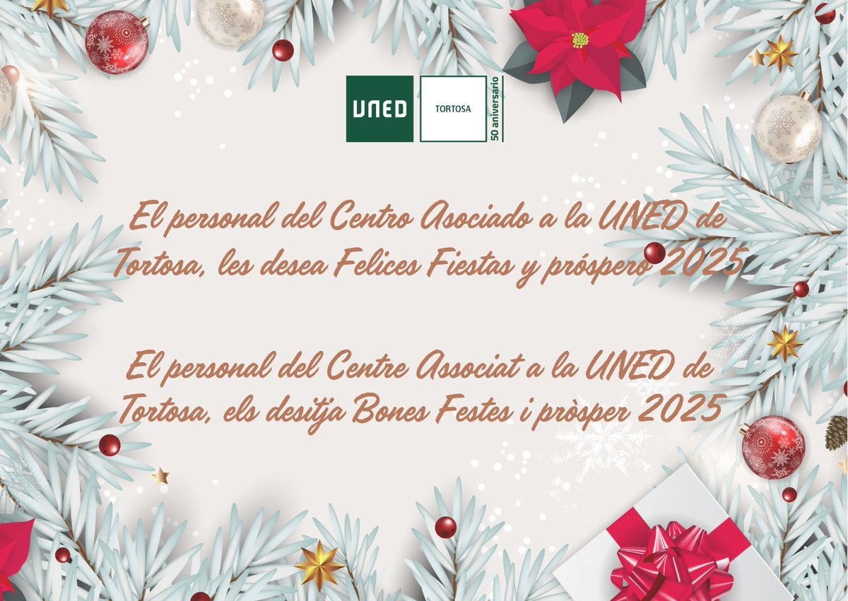 🎄🌟El Centre Associat a la UNED de Tortosa us desitja unes bones festes i un pròsper any nou! 🌟🎄

🗓️ Els informem que el Centre romandrà tancat del 23 de desembre al 7 de gener, ambdós inclosos.

#unedtortosa #unedtortosa50 #SomosUNED