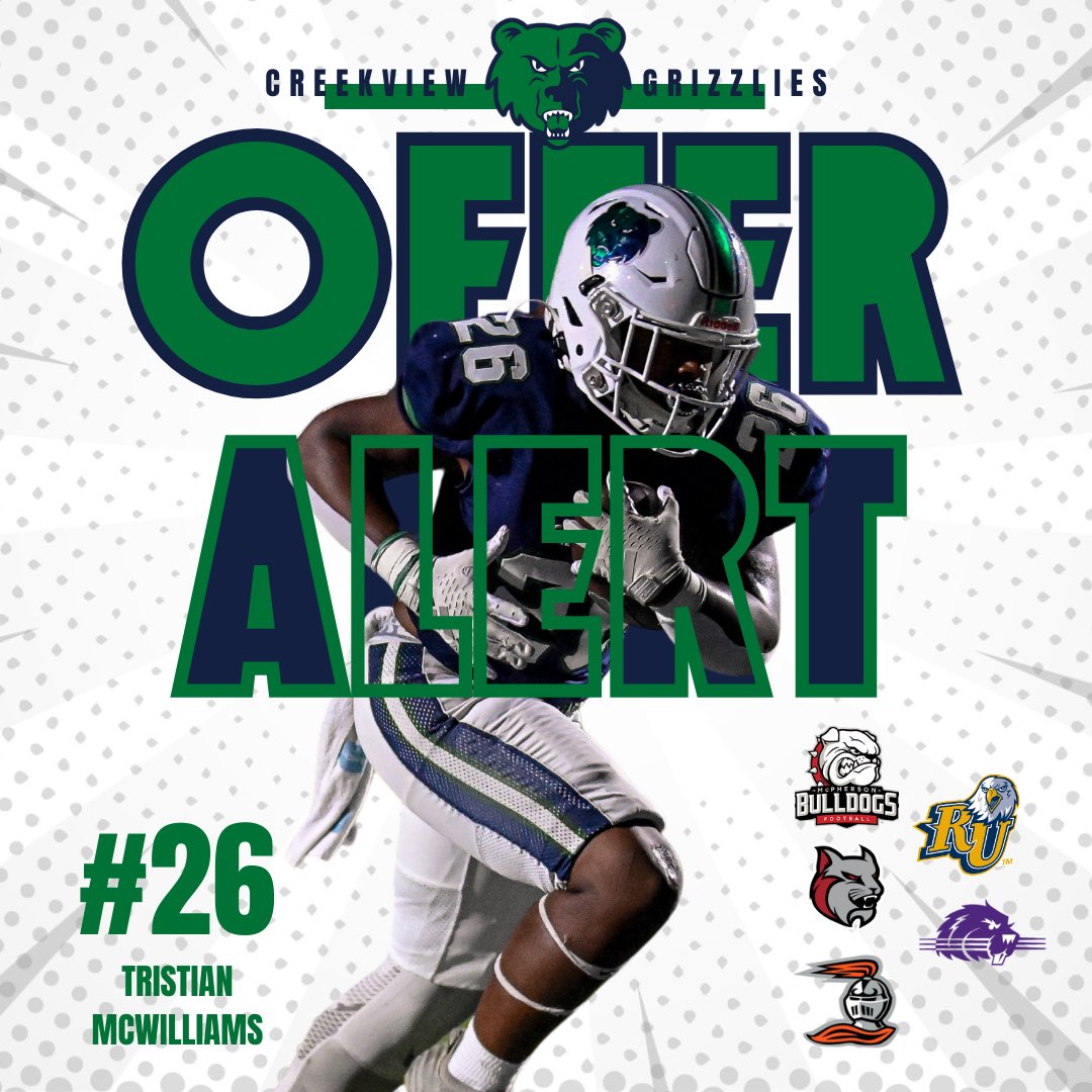 🚨𝙂𝙍𝙄𝙕𝙕𝙇𝙔 𝙊𝙁𝙁𝙀𝙍 𝘼𝙇𝙀𝙍𝙏🚨

Congrats to <a href="/TMcWilliams26/">Tristan McWilliams</a> for his recent offers from:

<a href="/BergFootball/">Heidelberg Football</a>
<a href="/ReinhardtFB/">Reinhardt Football</a>
<a href="/MACBulldogsFB/">McPherson Football</a>
<a href="/AMCAT_Football/">AMCAT Football</a>
<a href="/BlufftonFB/">Bluffton Football</a> 

#RecruitTheView
