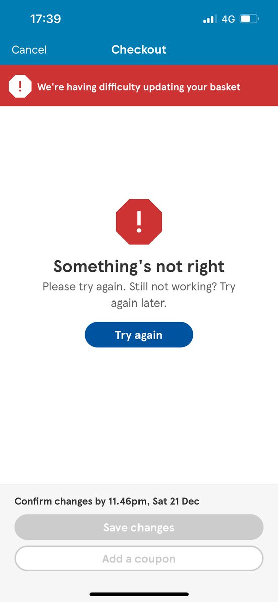wozzle_bezzle's tweet photo. @Tesco been trying to use the app to update my shopping for 2 days. Constantly getting this. https://t.co/3bKlf28mO6