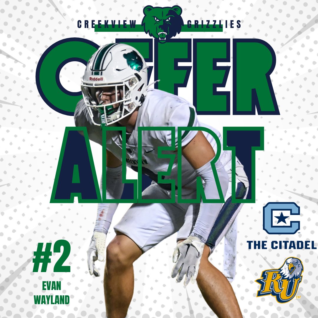 Creekview Football Recruiting (@theviewrecruits) on Twitter photo 🚨𝙂𝙍𝙄𝙕𝙕𝙇𝙔 𝙊𝙁𝙁𝙀𝙍 𝘼𝙇𝙀𝙍𝙏🚨
Congrats to <a href="/evan_wayland/">Evan Wayland</a> for his recent offers from:
<a href="/CitadelFootball/">The Citadel Football</a>
<a href="/ReinhardtFB/">Reinhardt Football</a>
#RecruitTheView 🚨𝙂𝙍𝙄𝙕𝙕𝙇𝙔 𝙊𝙁𝙁𝙀𝙍 𝘼𝙇𝙀𝙍𝙏🚨
Congrats to <a href="/evan_wayland/">Evan Wayland</a> for his recent offers from:
<a href="/CitadelFootball/">The Citadel Football</a>
<a href="/ReinhardtFB/">Reinhardt Football</a>
#RecruitTheView