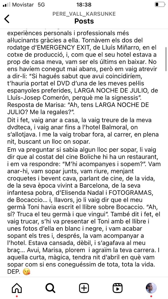 Avui ha mort la gran Marisa Paredes, actriu fabulosa. Tinc una història preciosa amb ella. Però en realitat la història és del meu germà <a href="/PereVallK/">Pere Vall Karsunke</a> i ell l’explica aquí de meravella. DEP