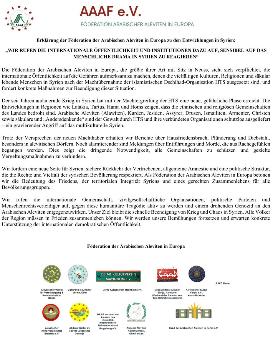 aaaf_ev's tweet photo. Avrupa Arap Alevi Federasyonu’nun Suriye’deki gelişmelere ilişkin açıklaması.

Erklärung der Föderation der Arabischen Aleviten in Europa zu den Entwicklungen in Syrien.

بيان الاتحاد الأوروبي للعلويين العرب حول التطورات في سوريا.

#SuriyedeAleviKatliamıVar 
#StopAlawiteGenocide https://t.co/ukuEpJbK5a