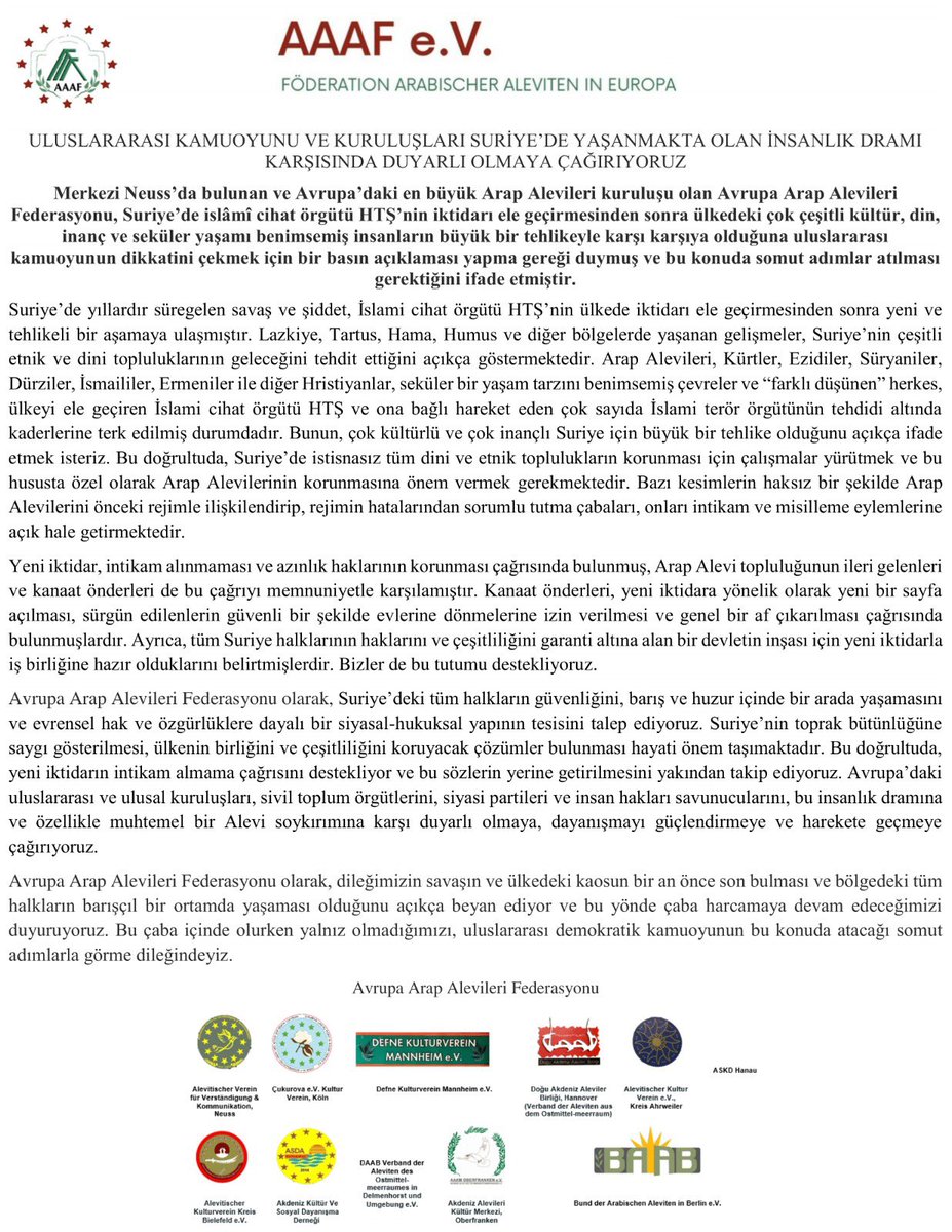 aaaf_ev's tweet photo. Avrupa Arap Alevi Federasyonu’nun Suriye’deki gelişmelere ilişkin açıklaması.

Erklärung der Föderation der Arabischen Aleviten in Europa zu den Entwicklungen in Syrien.

بيان الاتحاد الأوروبي للعلويين العرب حول التطورات في سوريا.

#SuriyedeAleviKatliamıVar 
#StopAlawiteGenocide https://t.co/ukuEpJbK5a