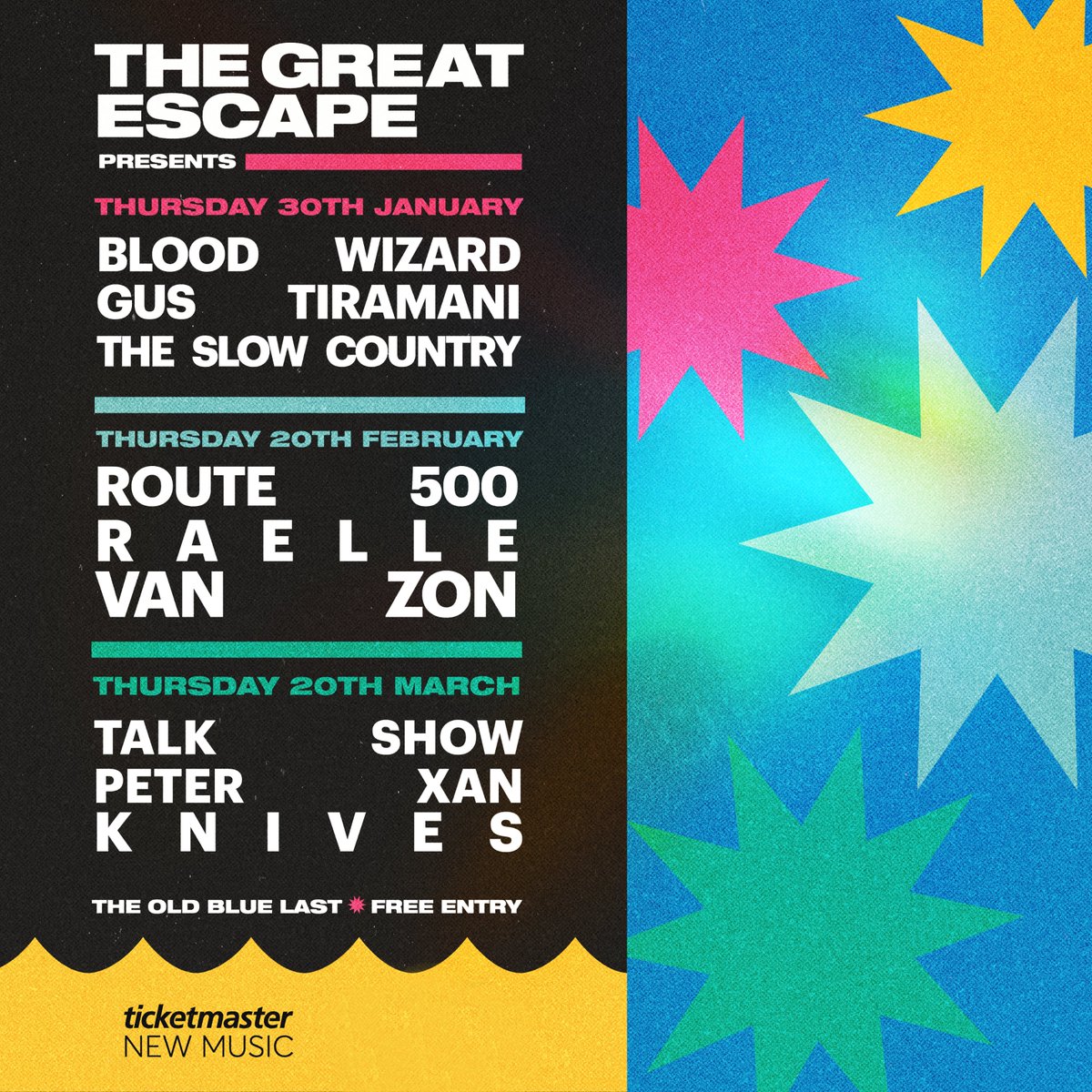 The Great Escape (@thegreatescape) on Twitter photo 🚨 More #TGEPresents shows announced🚨
🔥 30th Jan: <a href="/bloodwizrd/">Blood Wizard</a> <a href="/GusTiramani/">Gus Tiramani</a> <a href="/SlowCountryBand/">The Slow Country</a>
🔥 20th Feb: <a href="/routefivehundrd/">Route 500</a> <a href="/raellemusic/">babyrae 👼🏾</a> Van Zon
🔥 20th Mar: <a href="/talkshowband/">talk show</a> <a href="/peterxan__/">Peter Xan</a> @knivesnoise
🎟️RSVP for free tickets here: greatescapefestival.com/tge-presents-f… 🚨 More #TGEPresents shows announced🚨
🔥 30th Jan: <a href="/bloodwizrd/">Blood Wizard</a> <a href="/GusTiramani/">Gus Tiramani</a> <a href="/SlowCountryBand/">The Slow Country</a>
🔥 20th Feb: <a href="/routefivehundrd/">Route 500</a> <a href="/raellemusic/">babyrae 👼🏾</a> Van Zon
🔥 20th Mar: <a href="/talkshowband/">talk show</a> <a href="/peterxan__/">Peter Xan</a> @knivesnoise
🎟️RSVP for free tickets here: greatescapefestival.com/tge-presents-f…