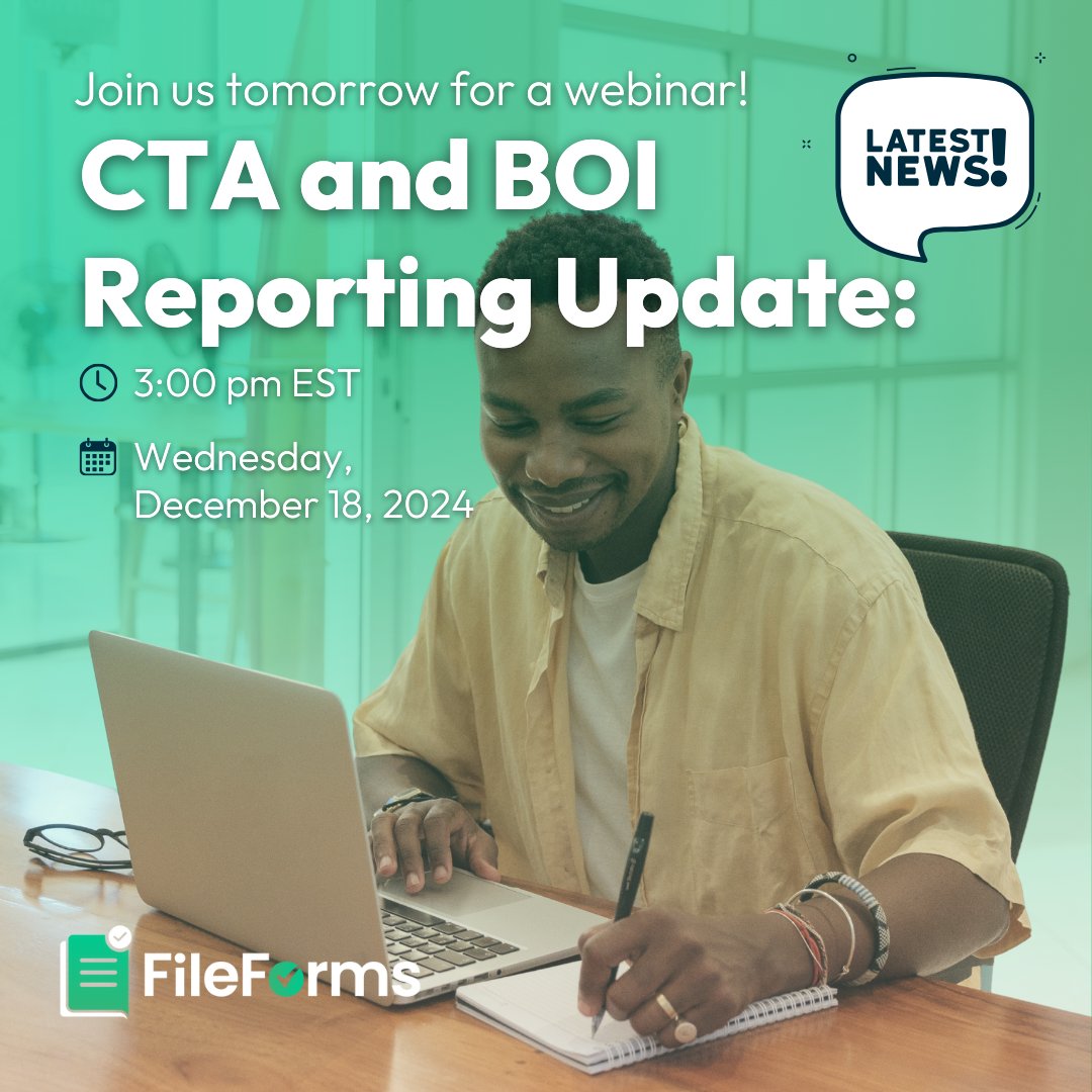 File_forms's tweet image. Get the Latest Updates📰Join #FileForms tomorrow at 3 PM EST for a #webinar on the #CTA and #BOI reporting requirements. Stay informed on what’s changing and be prepared to help your clients or business navigate these evolving requirements. Register here: bit.ly/4gjpJ1t