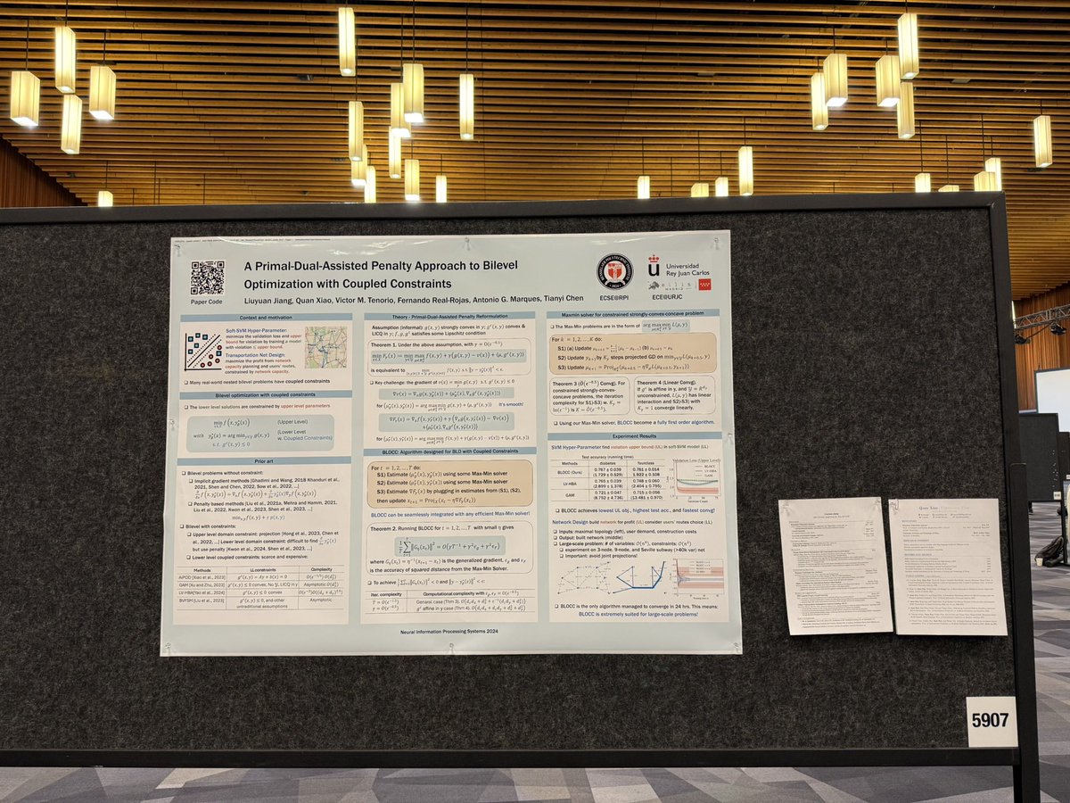 QuanXiao8's tweet photo. Grateful for the chance to share our work on bilevel optimization with coupled constraints https://t.co/gWKVNe1hpC at NeurIPS! 

Special thanks to my teammate Liuyuan Jiang @jia13609 for her tremendous efforts on her first first-author paper 🎉 , my advisor Prof. Tianyi Chen @Tianyi2020 for his incredible support and our collaborators Victor M. Tenorio, Fernando Real-Rojas, and Prof. Antonio G. Marques from Spain for their wonderful experiments on transportation network. The engaging discussions and feedback made this experience unforgettable! 

It's also nice to meet so many inspiring people—old friends and new faces alike at beautiful Vancouver and hope to see you soon!