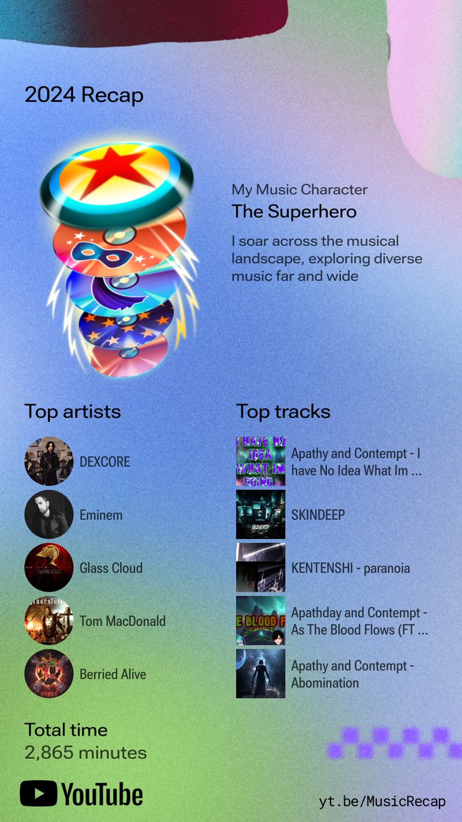 Check out my 2024 #YouTubeMusicRecap! Explore yours at yt.be/MusicRecap