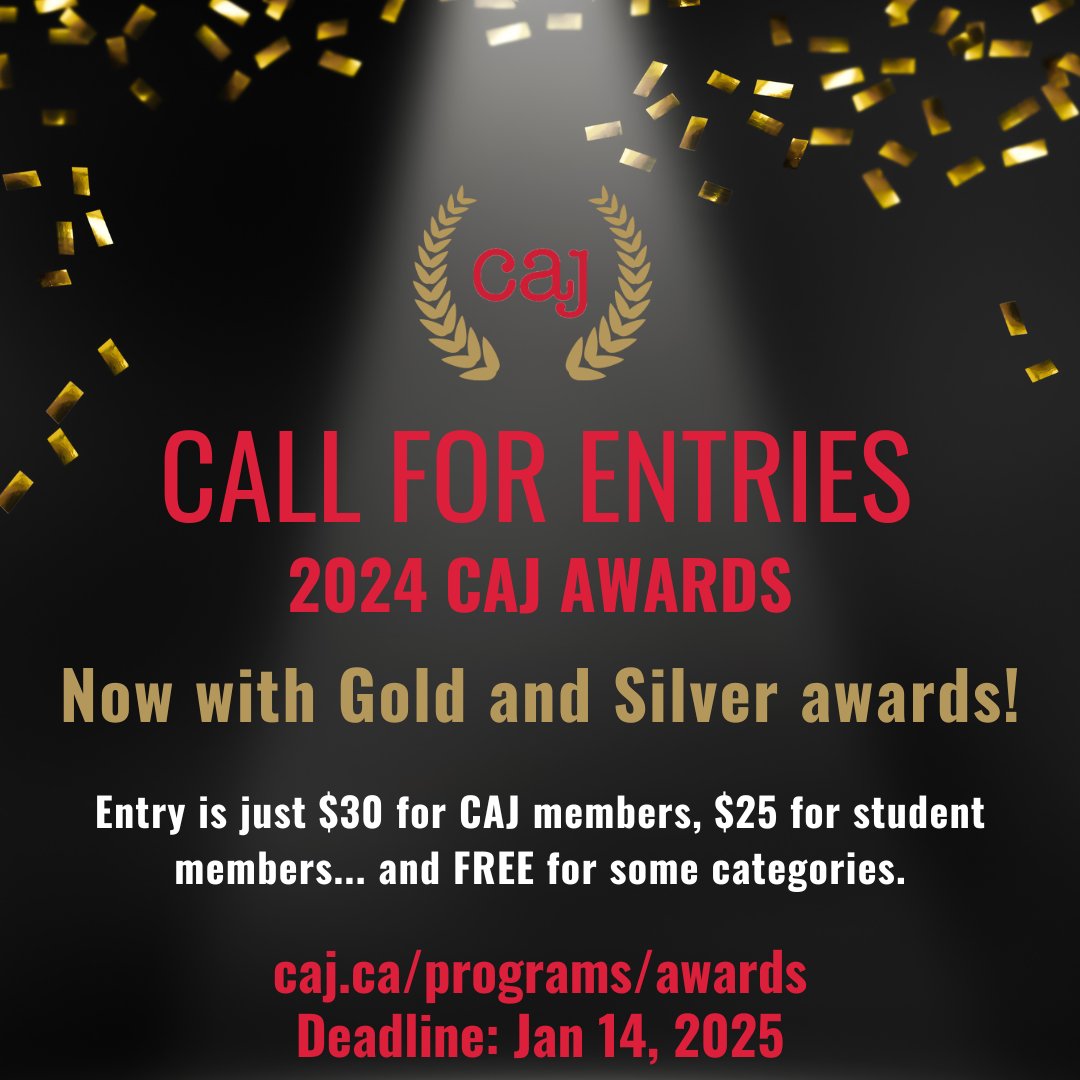 caj's tweet image. Big news for the 2024 CAJ Awards! This year, there are double the chances to win! We're now offering Gold and Silver prizes. Second-place winners will get a certificate - and bragging rights. 18 award categories. All media formats welcome. Enter by Jan. 14 caj.ca/programs/awards
