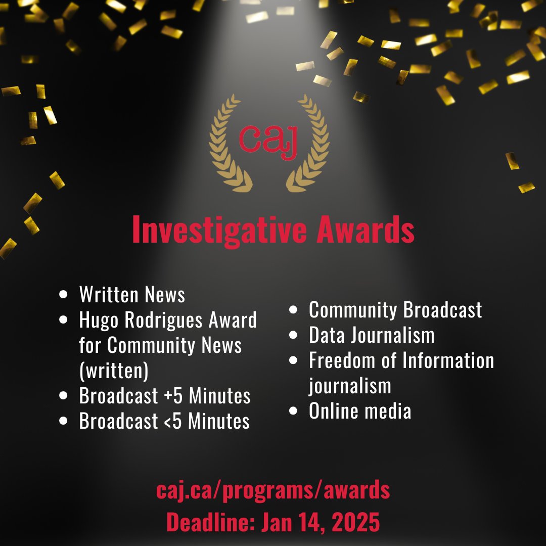 caj's tweet image. Big news for the 2024 CAJ Awards! This year, there are double the chances to win! We're now offering Gold and Silver prizes. Second-place winners will get a certificate - and bragging rights. 18 award categories. All media formats welcome. Enter by Jan. 14 caj.ca/programs/awards