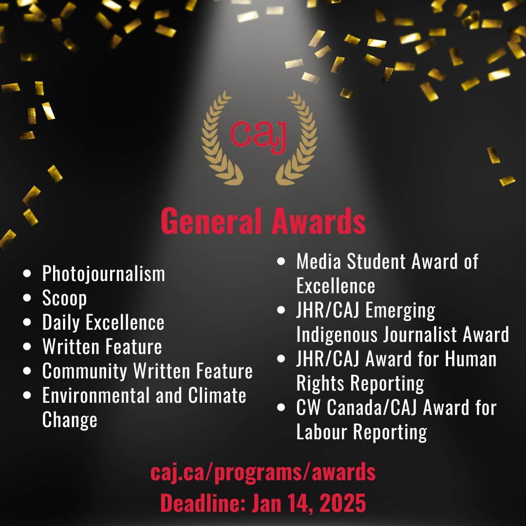caj's tweet image. Big news for the 2024 CAJ Awards! This year, there are double the chances to win! We're now offering Gold and Silver prizes. Second-place winners will get a certificate - and bragging rights. 18 award categories. All media formats welcome. Enter by Jan. 14 caj.ca/programs/awards