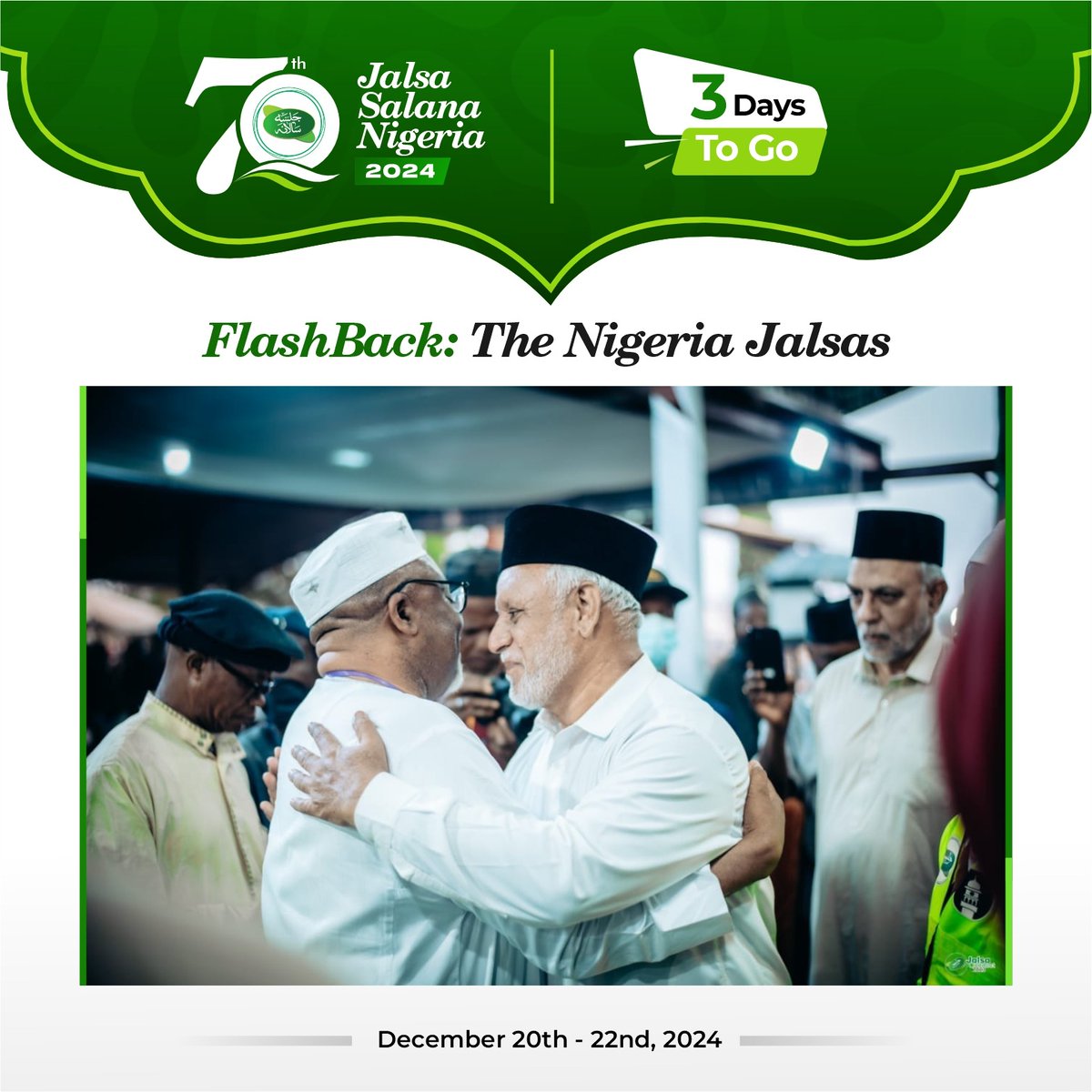 NigeriaJalsa's tweet image. Jalsa Salana Nigeria Platinum Jubilee – 3 Days to Go 

A moment of unity as Amir Nigeria and an esteemed guest share love and harmony. Jalsa transcends borders, uniting hearts in faith.  

📅 Dec 20–22, 2024 

#JalsaNG #70YearsOfJalsa #UnityInFaith #Ahmadiyya