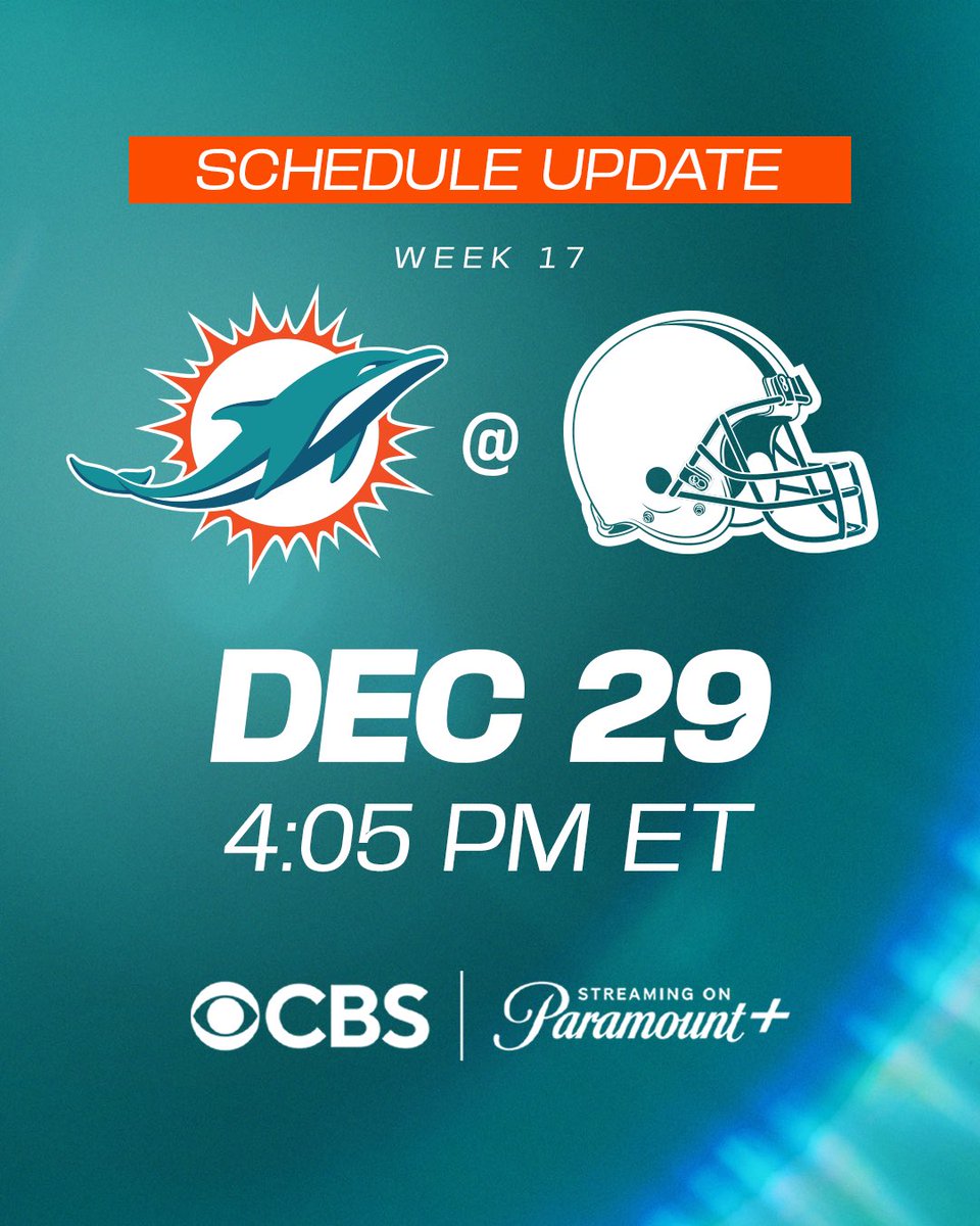 MiamiDolphins's tweet photo. #MIAvsCLE has an adjusted start time of 4:05pm on @NFLonCBS 📺 https://t.co/9XSYsOONyd