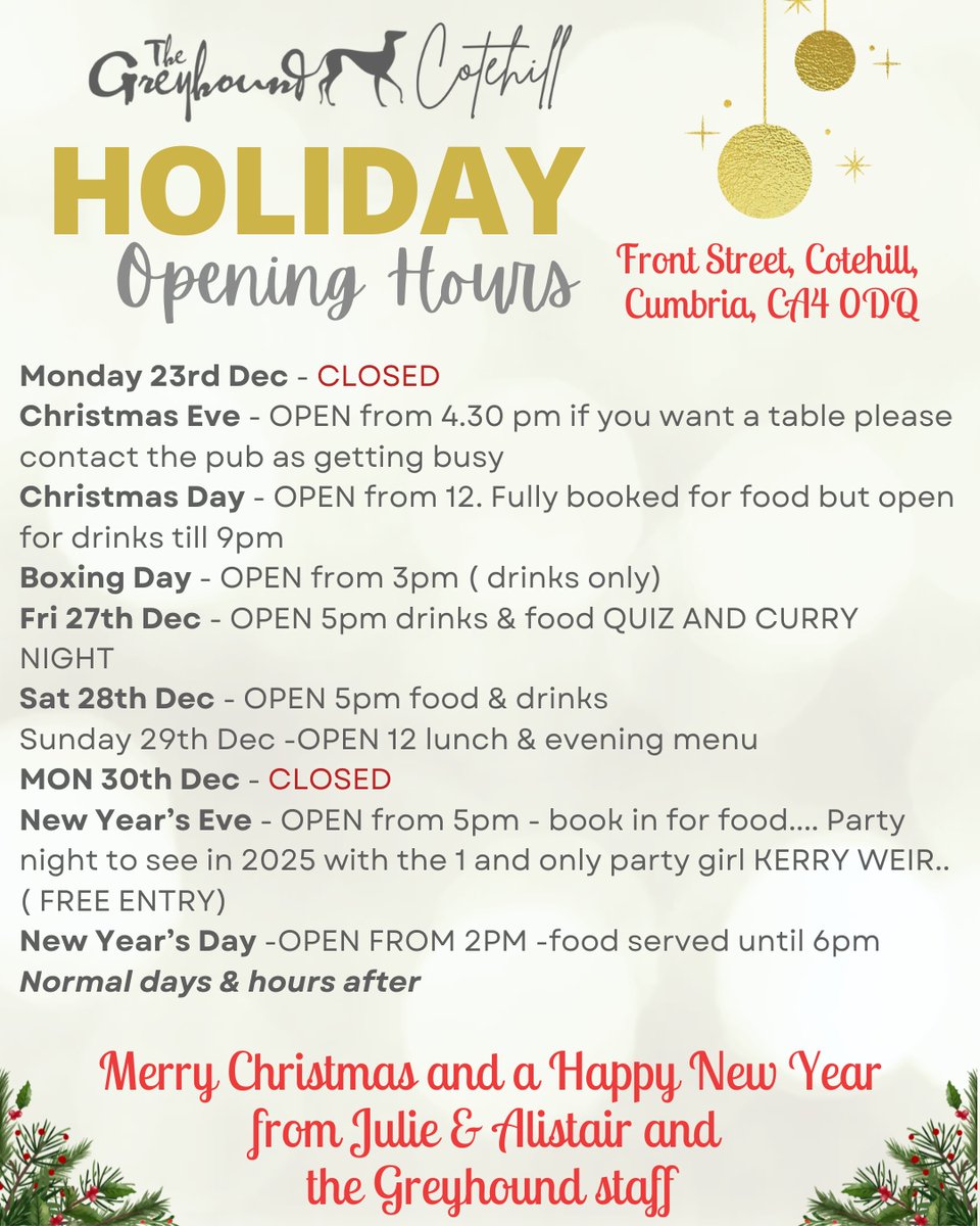 GreyhoundInnC's tweet photo. Our Opening Times over this coming Christmas and New Year!  Don't forget to book a table if you want food!  Scan the QR code or send us a message on Facebook or Instagram or call us at 01228 560858 or visit our website via this link https://t.co/T4WQ4hihyy #LocalPub #Cumbria https://t.co/aEeNl8Dzu5